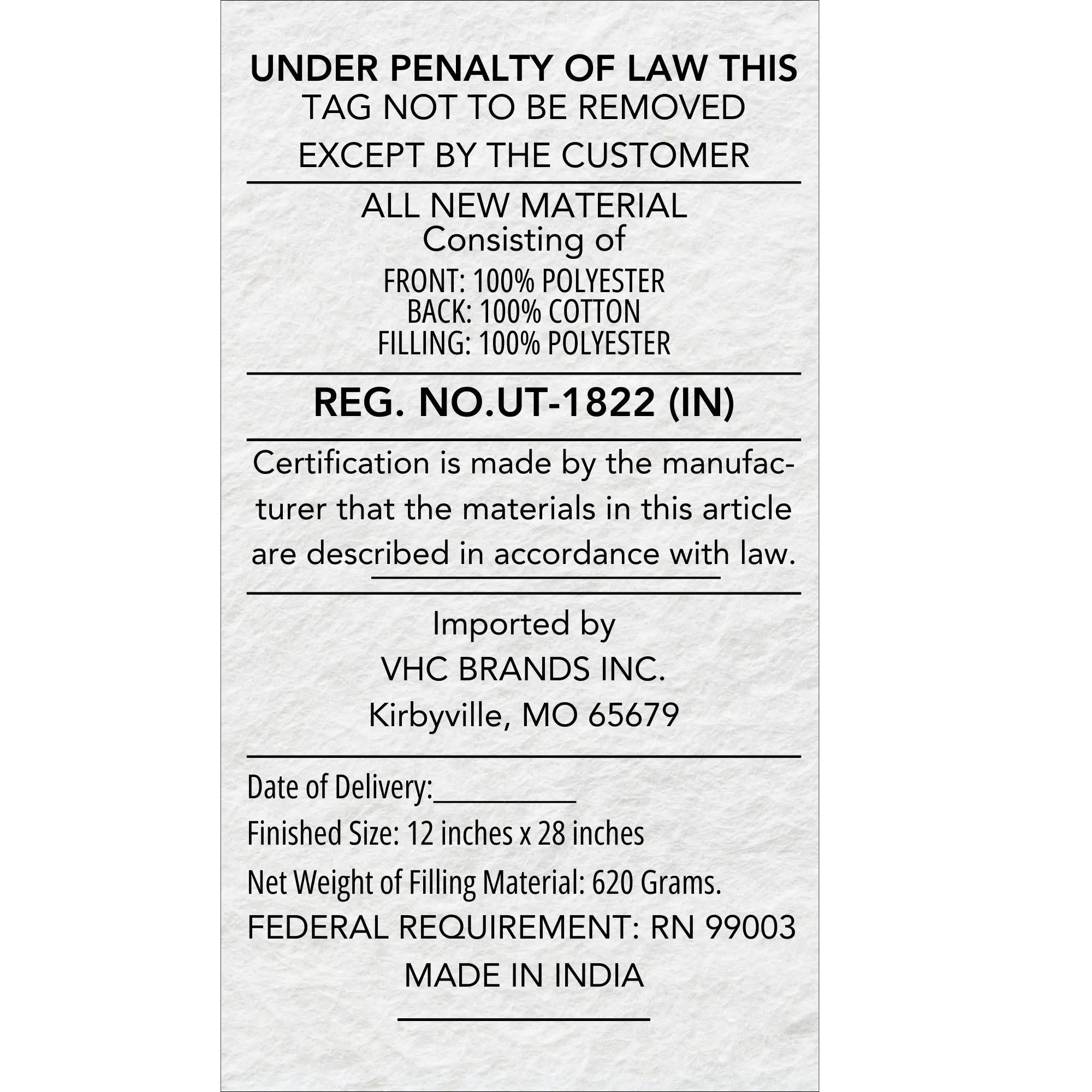 Fabric label with text about material composition, certification, and manufacturing details on a white background.