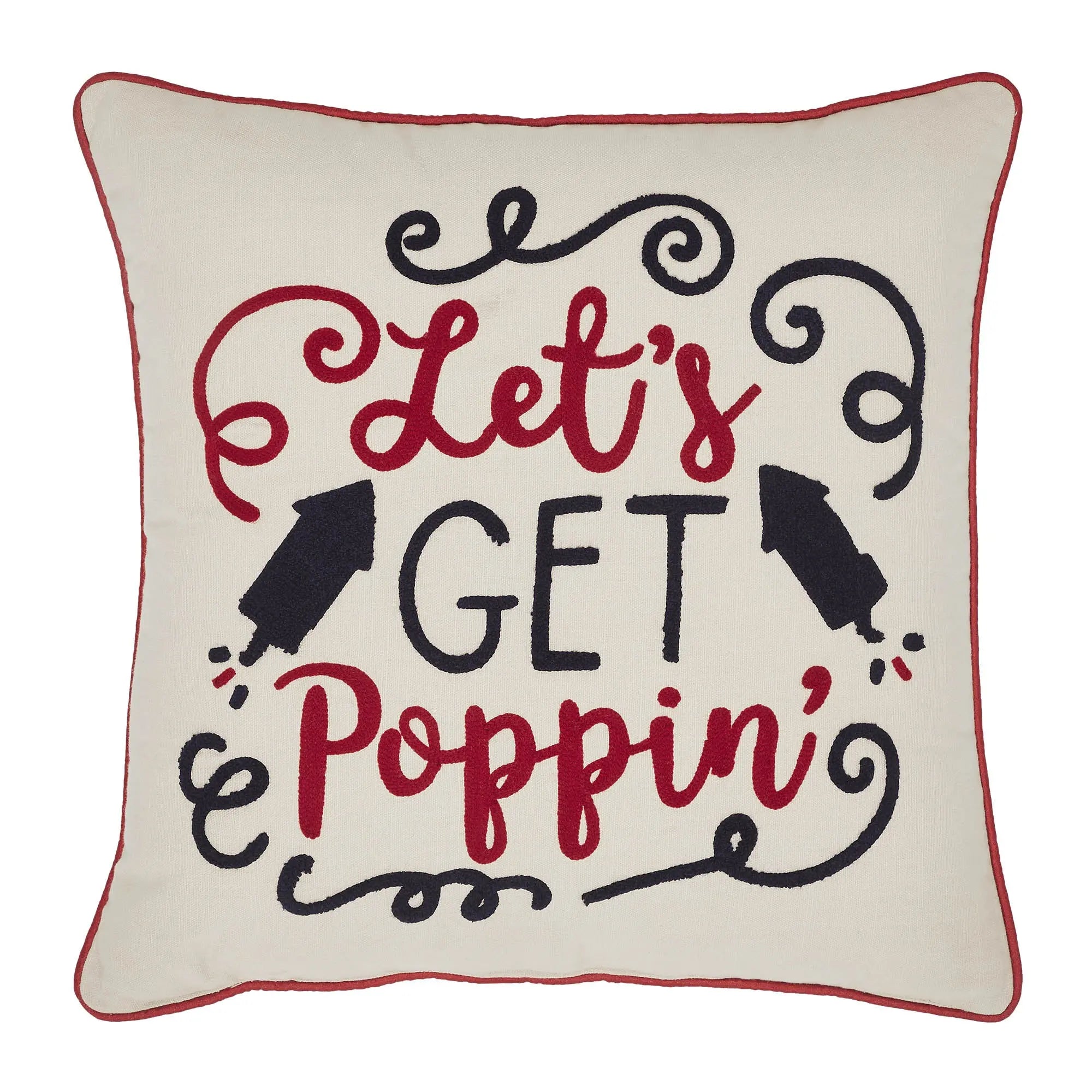Decorative pillow with 'Let's Get Poppin'' text and popcorn icons on a white background