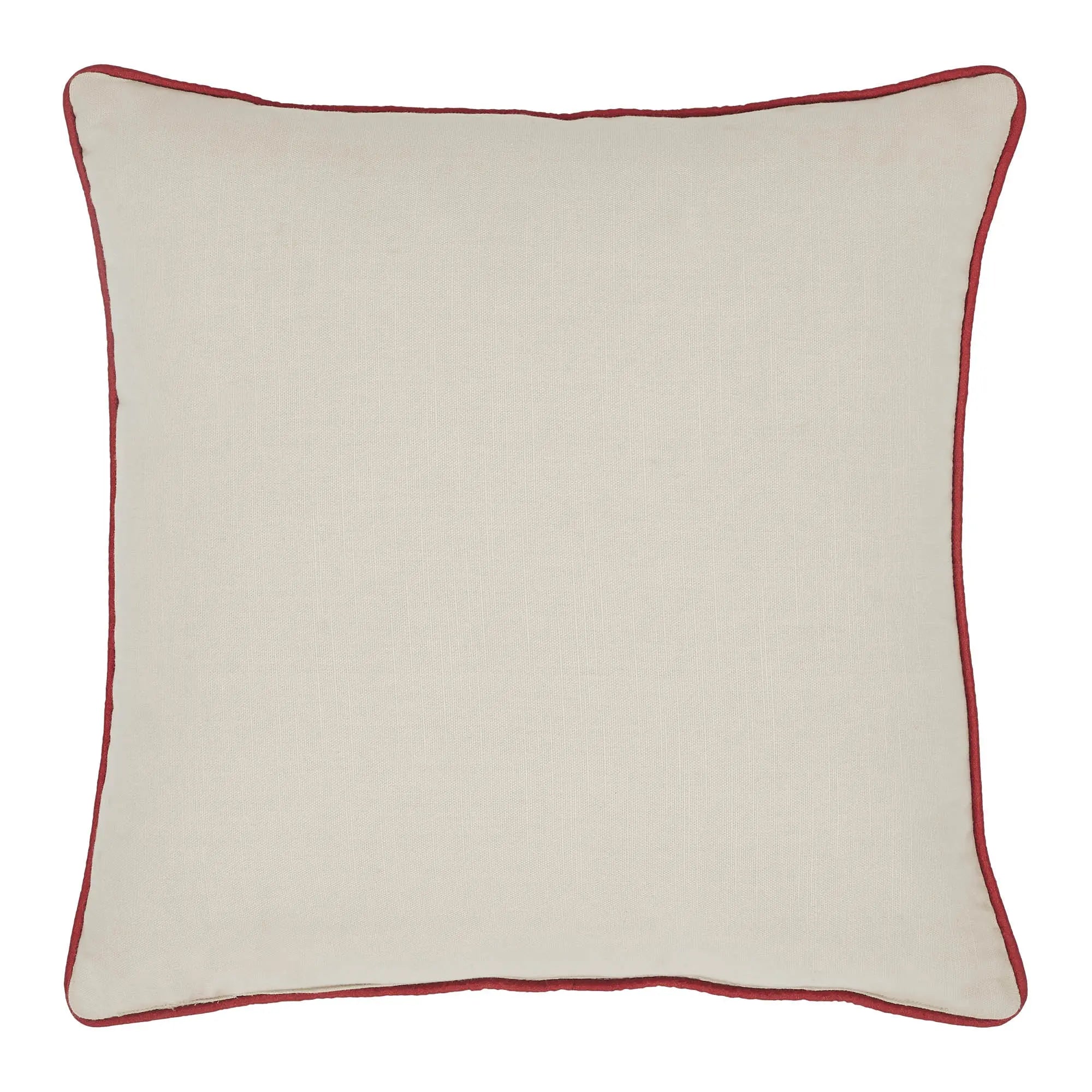Beige pillow with red trim on a white background