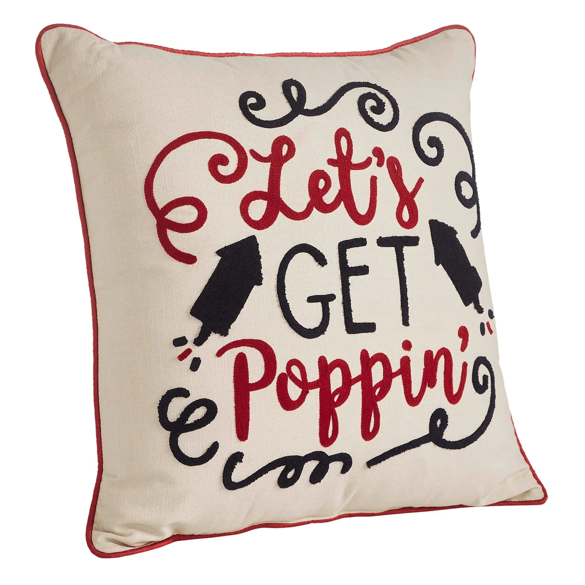 Decorative pillow with text 'Let's Get Poppin'' on a white background