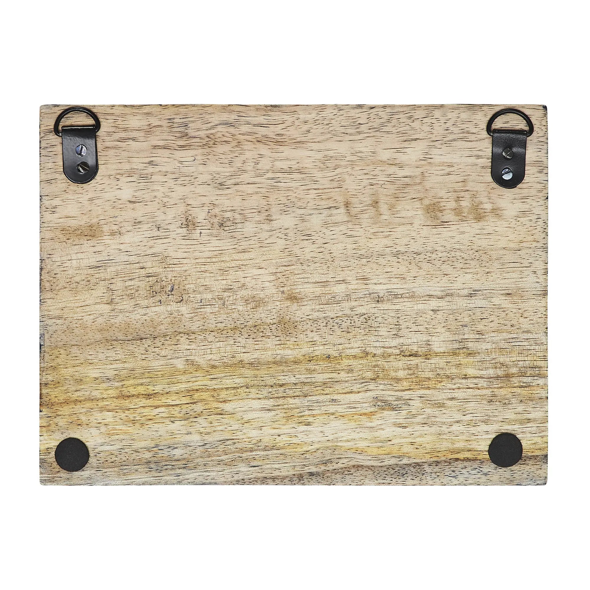 Wooden board with natural grain texture and black metal brackets on a white background