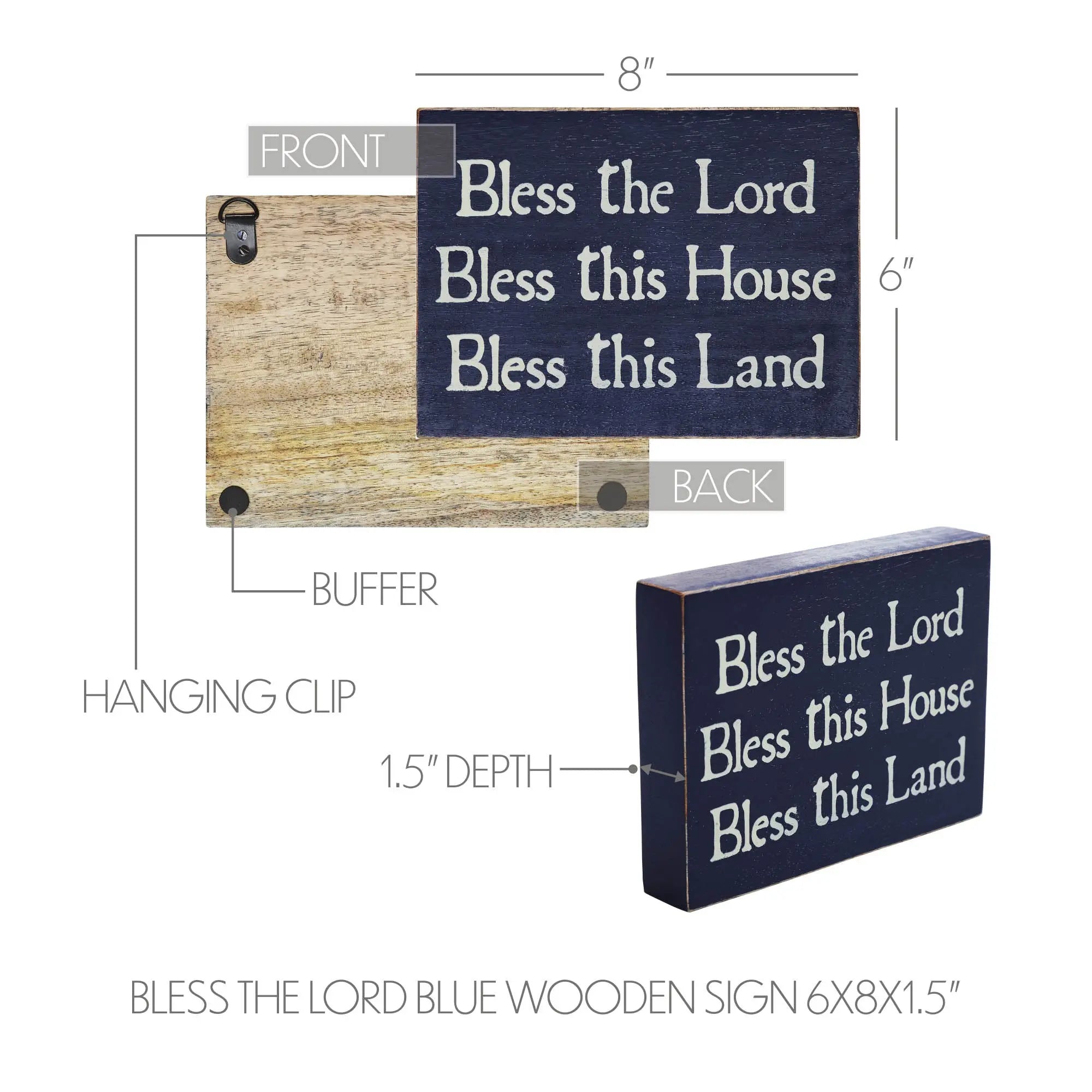 Blue wooden sign with text 'Bless the Lord Bless this House Bless this Land' and measurements on a white background.