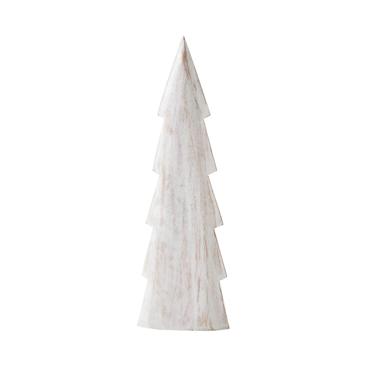 A rustic, distressed white wooden Christmas tree decoration with a natural wood grain texture, shown against a plain white background.