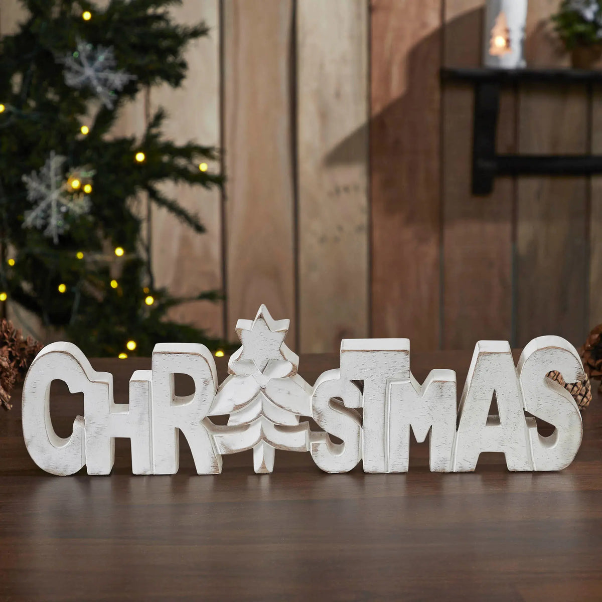 CHRISTMAS Carved Wooden Sign with Tree Motif – 15" x 4.25"