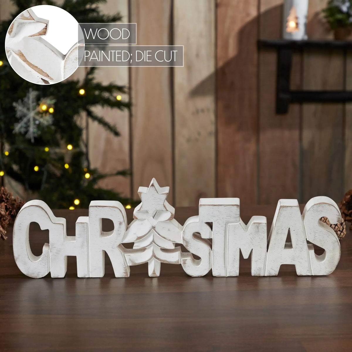 CHRISTMAS Carved Wooden Sign with Tree Motif – 15" x 4.25"