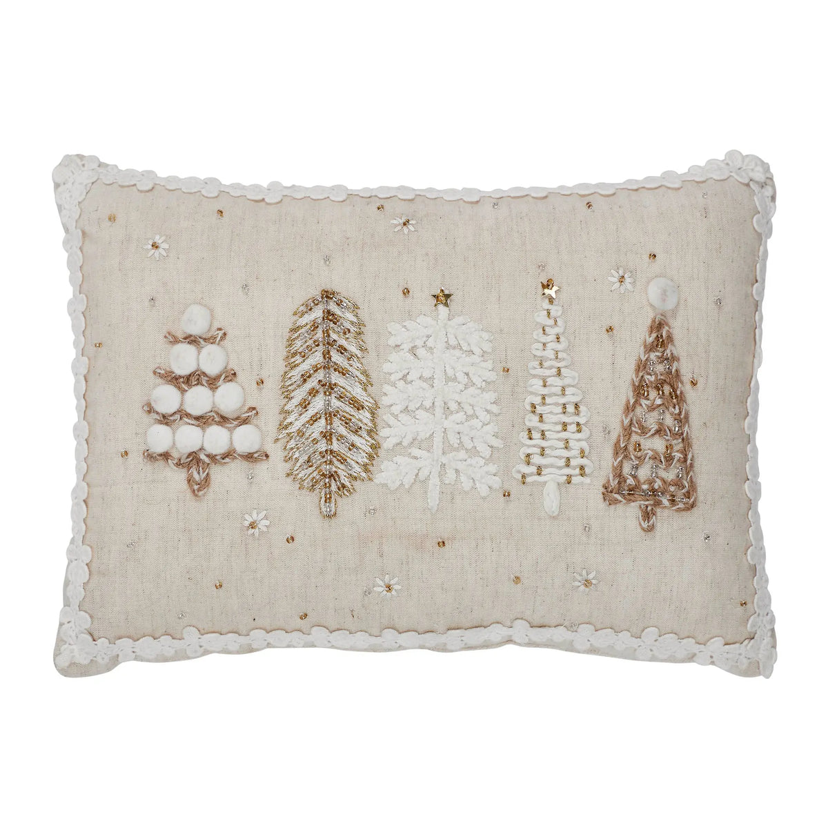 A rectangular beige throw pillow with a scalloped white border, featuring four embroidered Christmas trees in white, gold, and brown tones on a light beige linen background.