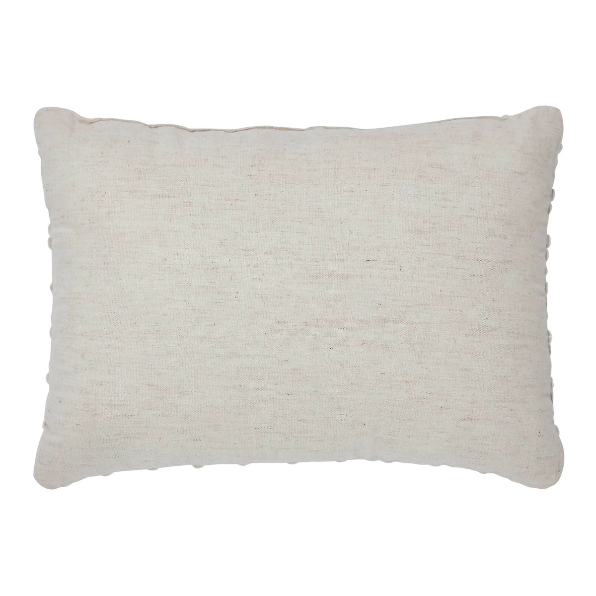 A rectangular throw pillow in a textured, light beige linen fabric with a slightly raw, ruffled edge, shown against a plain white background.