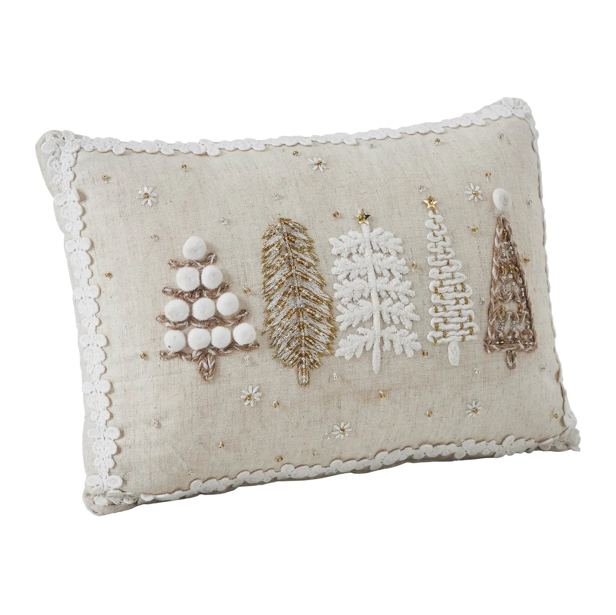 Decorative pillow with embroidered trees on a beige background