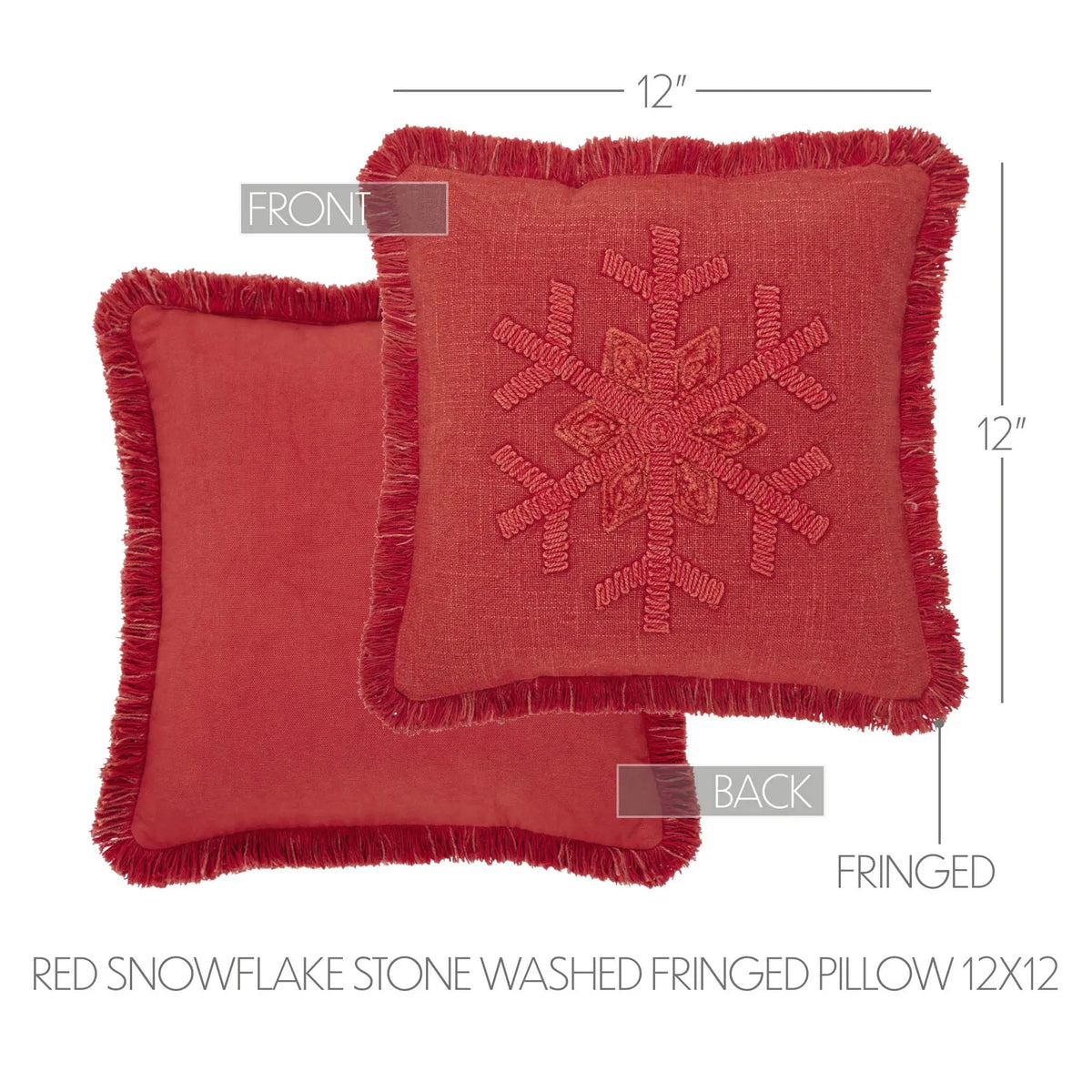Red square fringed throw pillow shown from front and back on a white background, with dimension labels indicating 12 by 12 inches and a snowflake embroidery motif on the front.