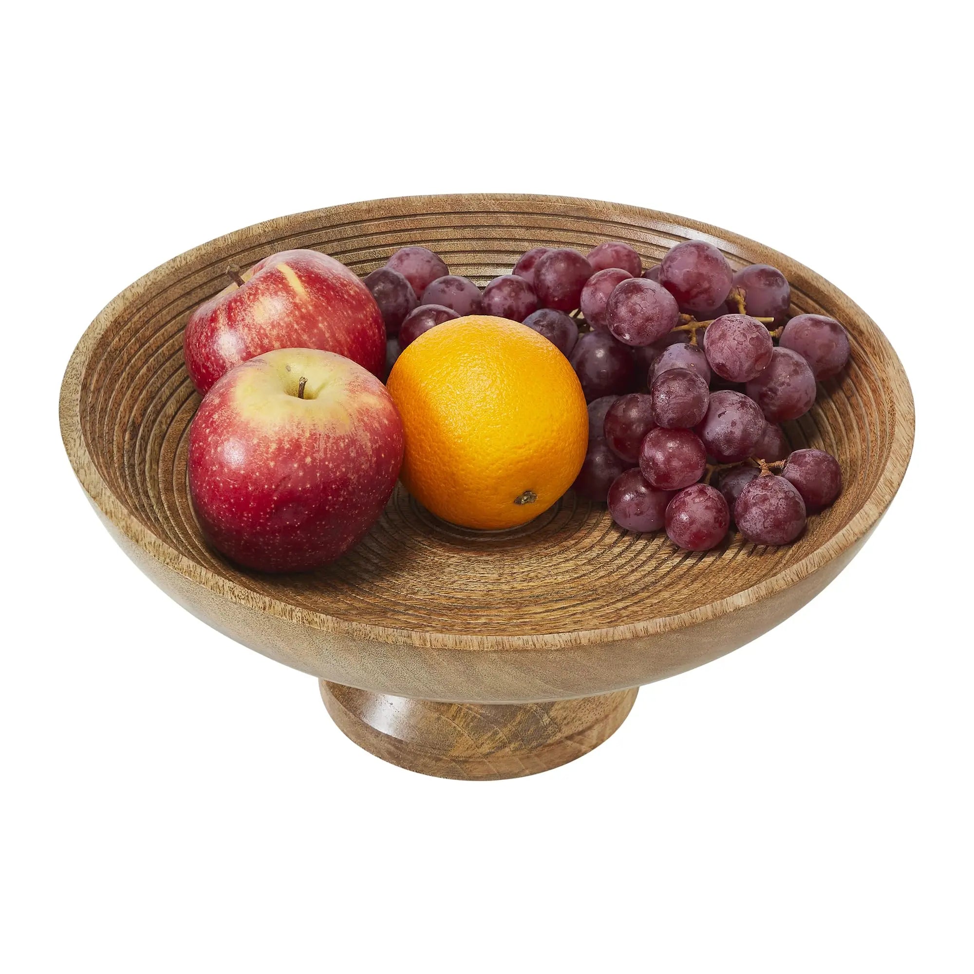 Wooden fruit bowl with apples, oranges, and grapes on a white background