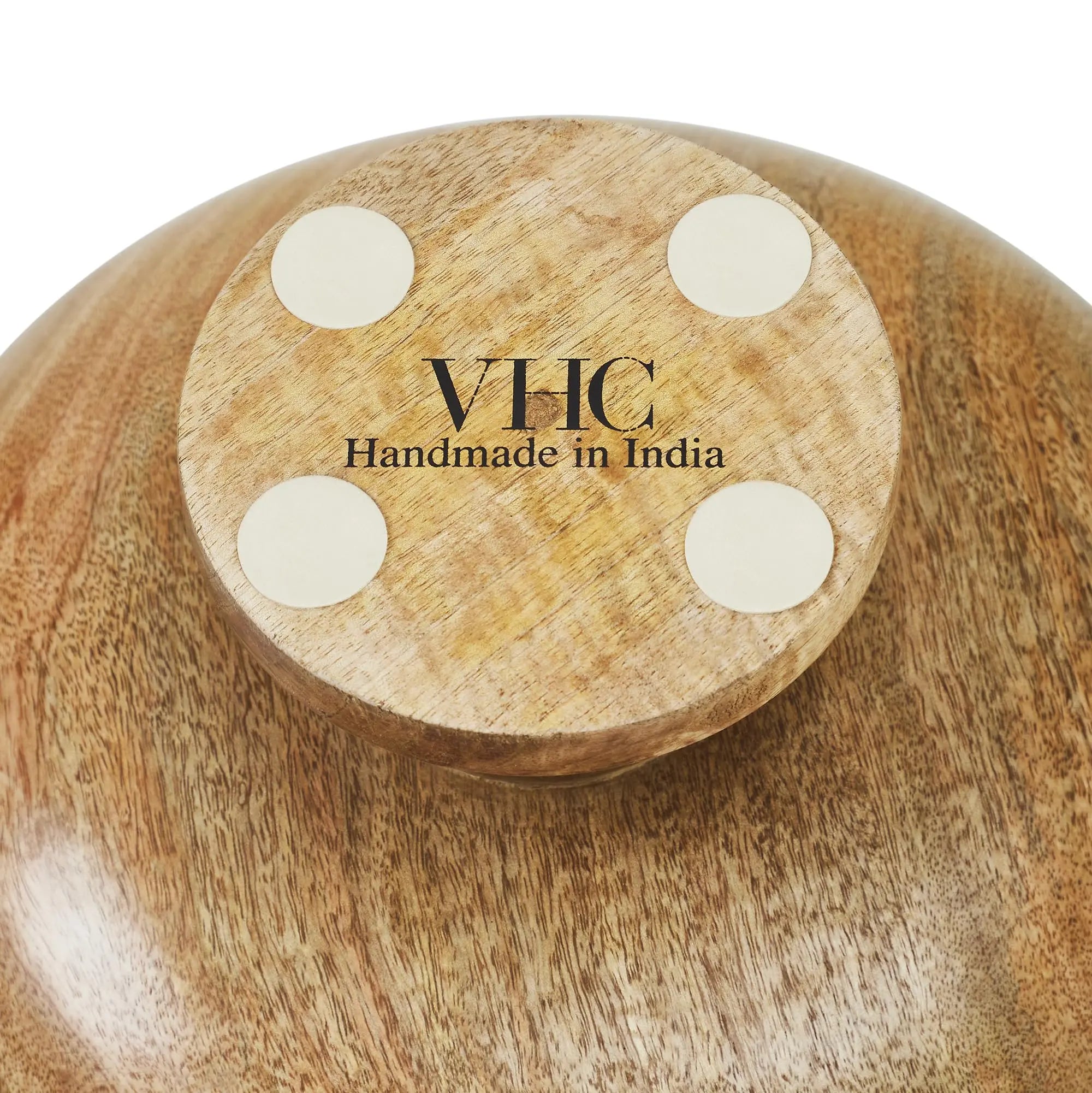 Wooden product with 'VHC Handmade in India' branding on a white background
