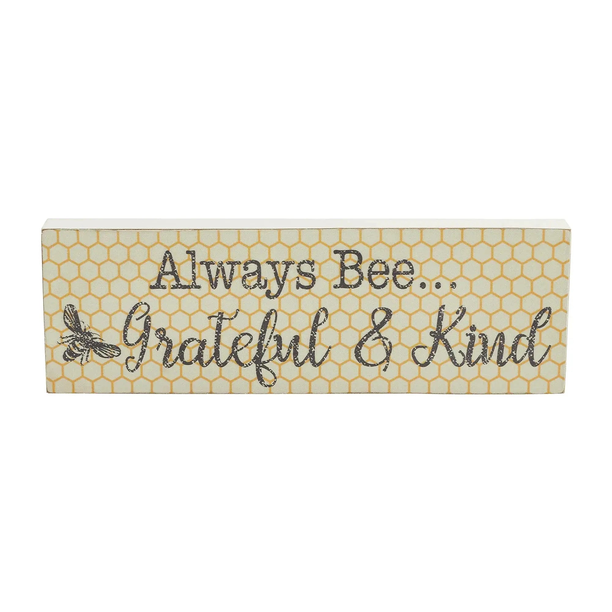Farmhouse wooden sign with honeycomb pattern, bee graphic, and 'Always Bee Grateful & Kind' text for cozy home decor