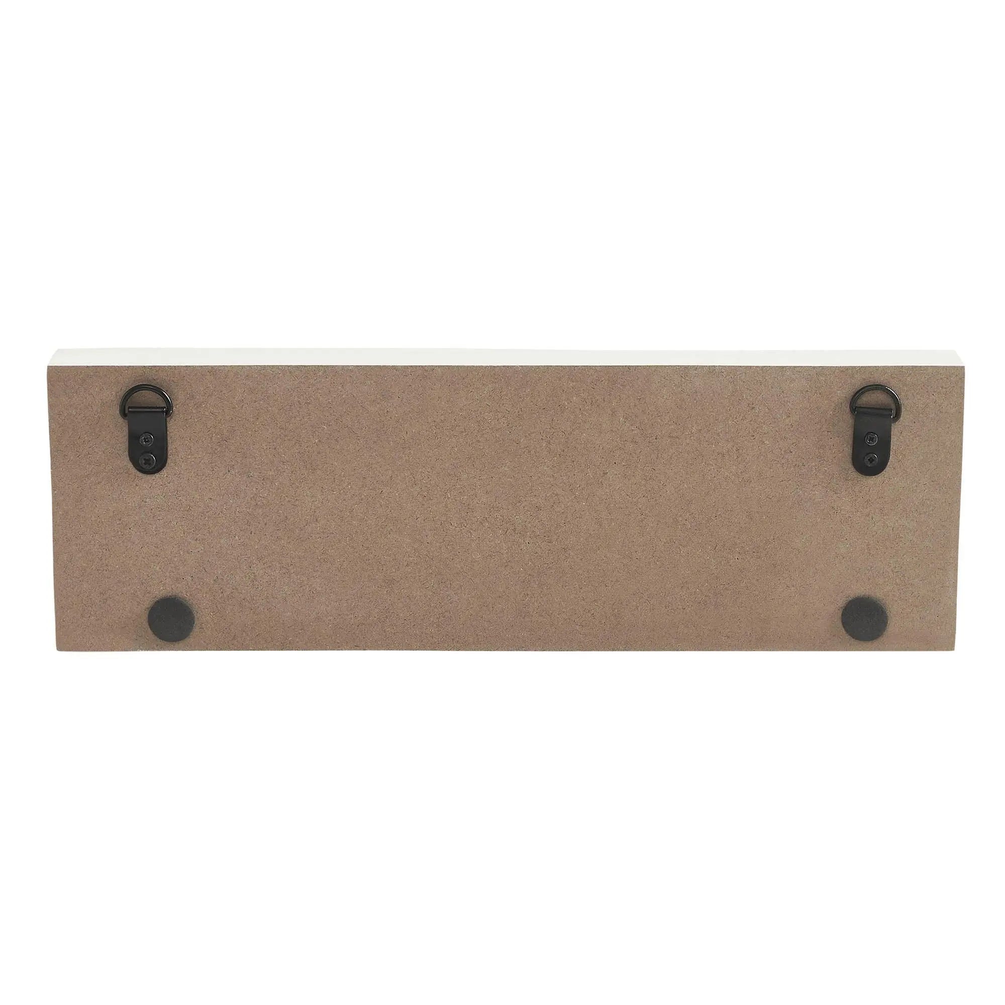 Wooden wall shelf back with black metal D-rings and felt pads for farmhouse home decor