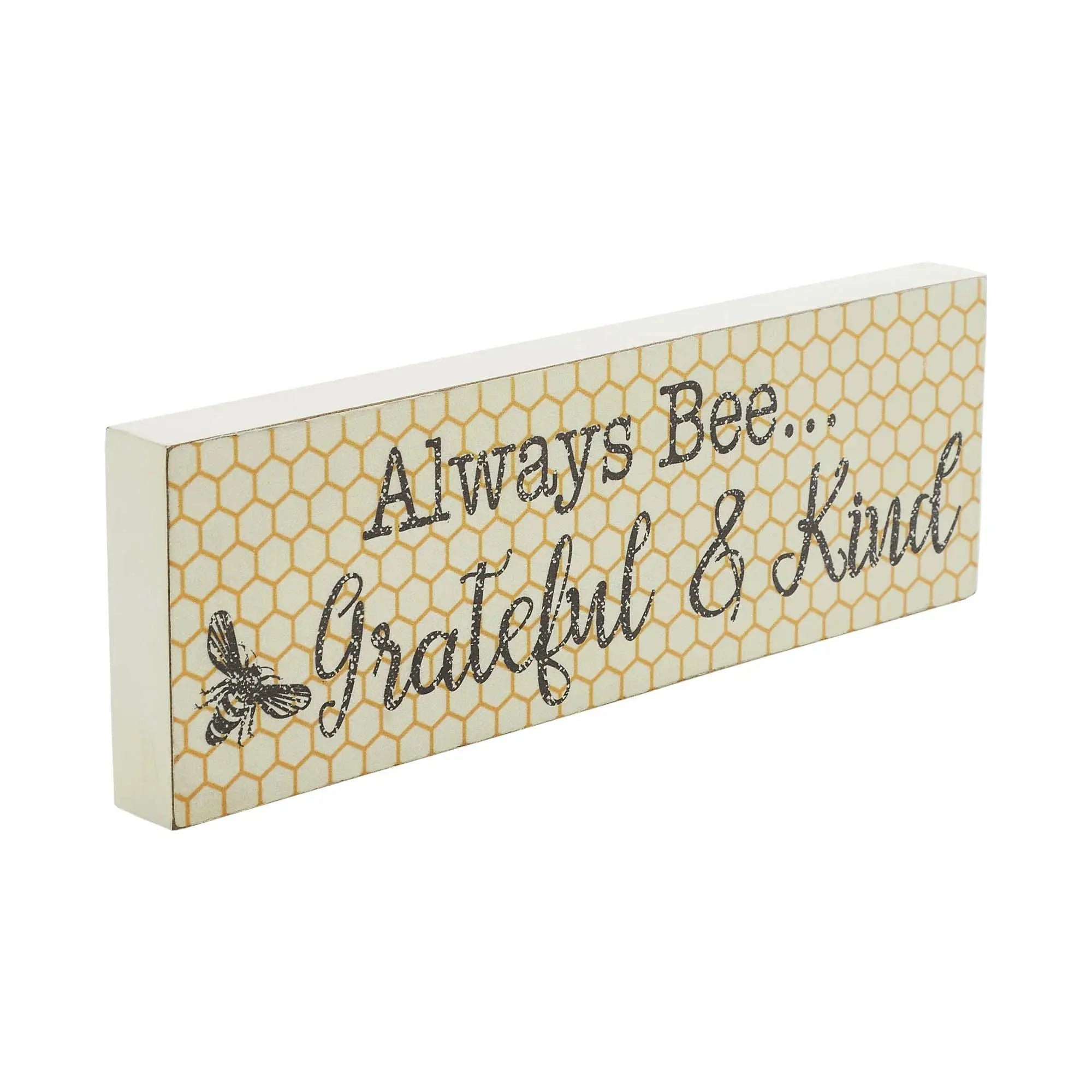 Farmhouse wooden sign with bee and honeycomb pattern, 'Always Bee Grateful & Kind' quote for cozy home decor