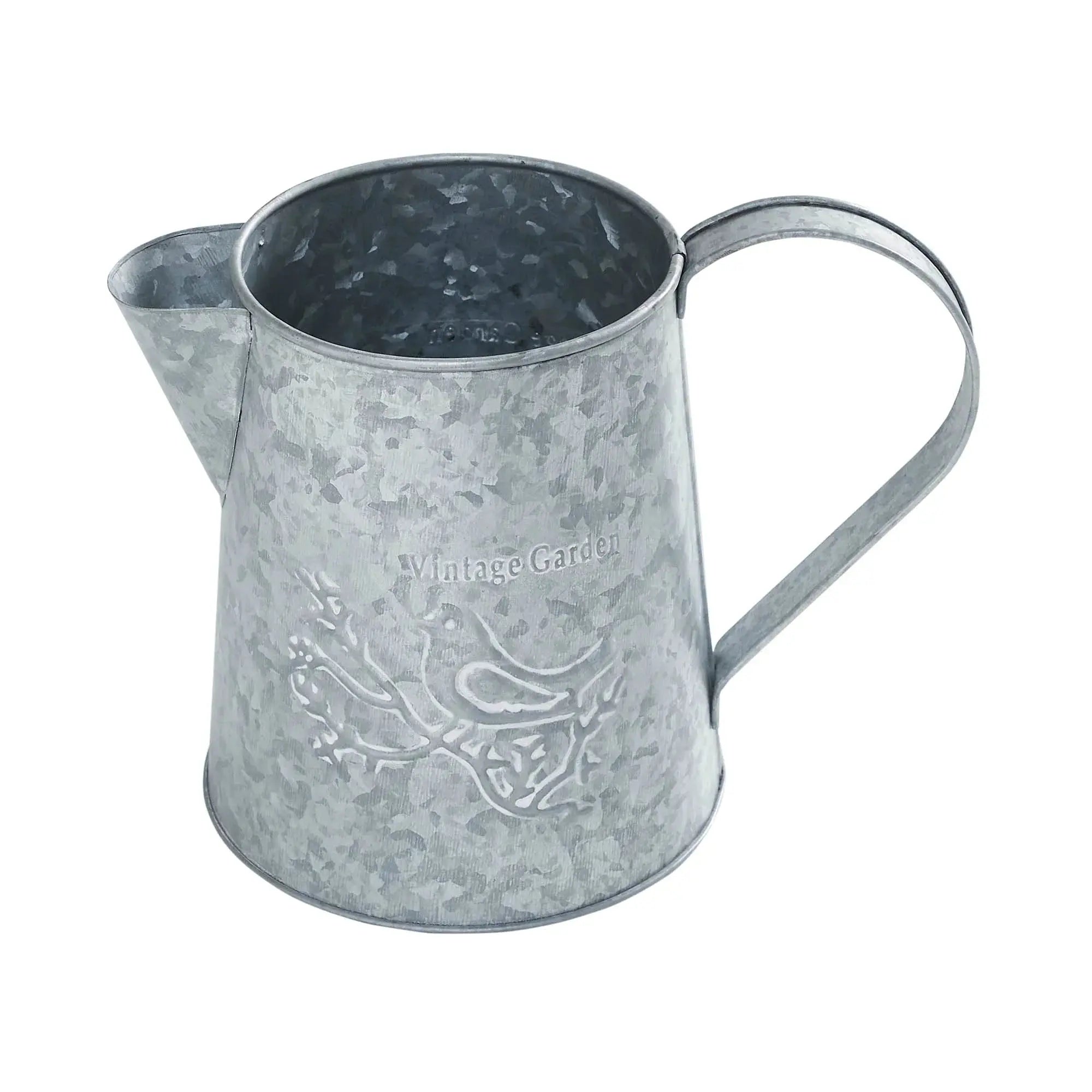 Metal watering can with 'Vintage Garden' branding on a white background