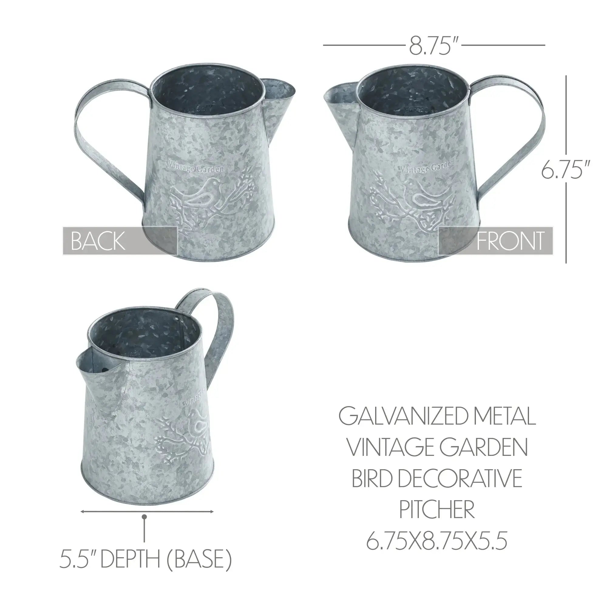 Galvanized metal vintage garden bird decorative pitcher with measurements on a white background