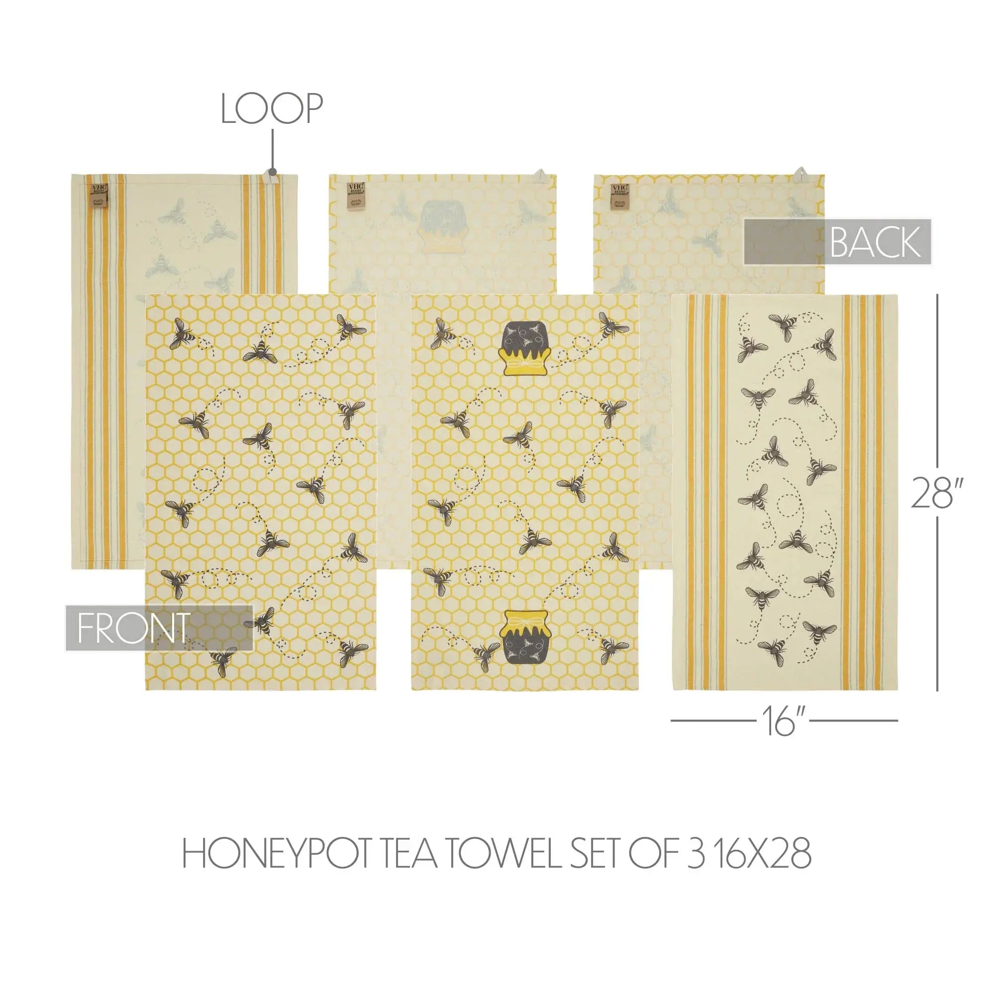 Set of 3 honeycomb bee tea towels, farmhouse kitchen decor, 16x28 inches, yellow & cream stripes