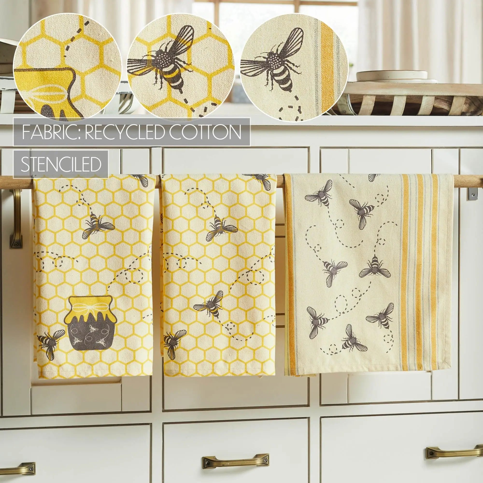 Bees and honeycomb kitchen towels in farmhouse style, recycled cotton, stenciled design
