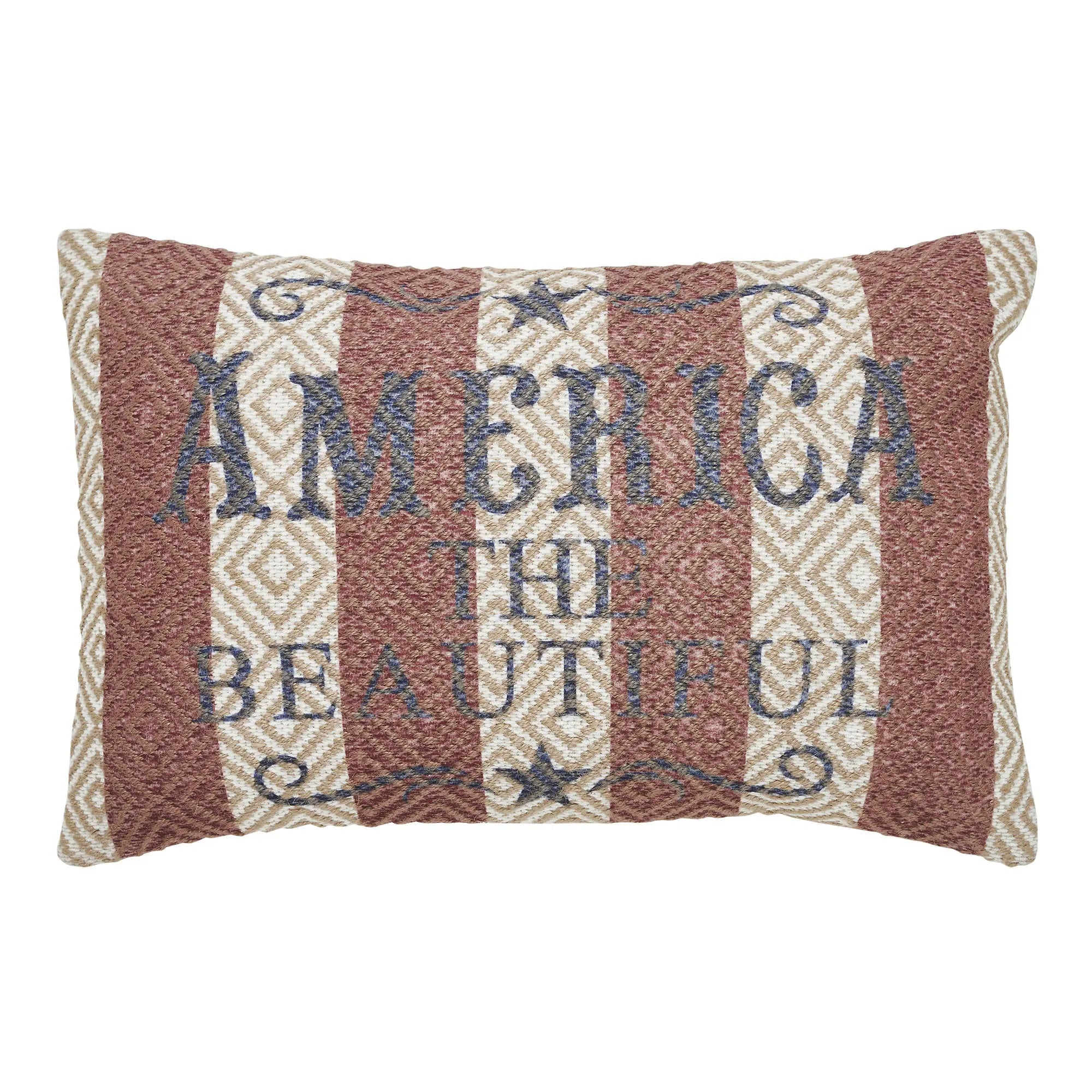 Decorative pillow with 'America the Beautiful' text on a striped background