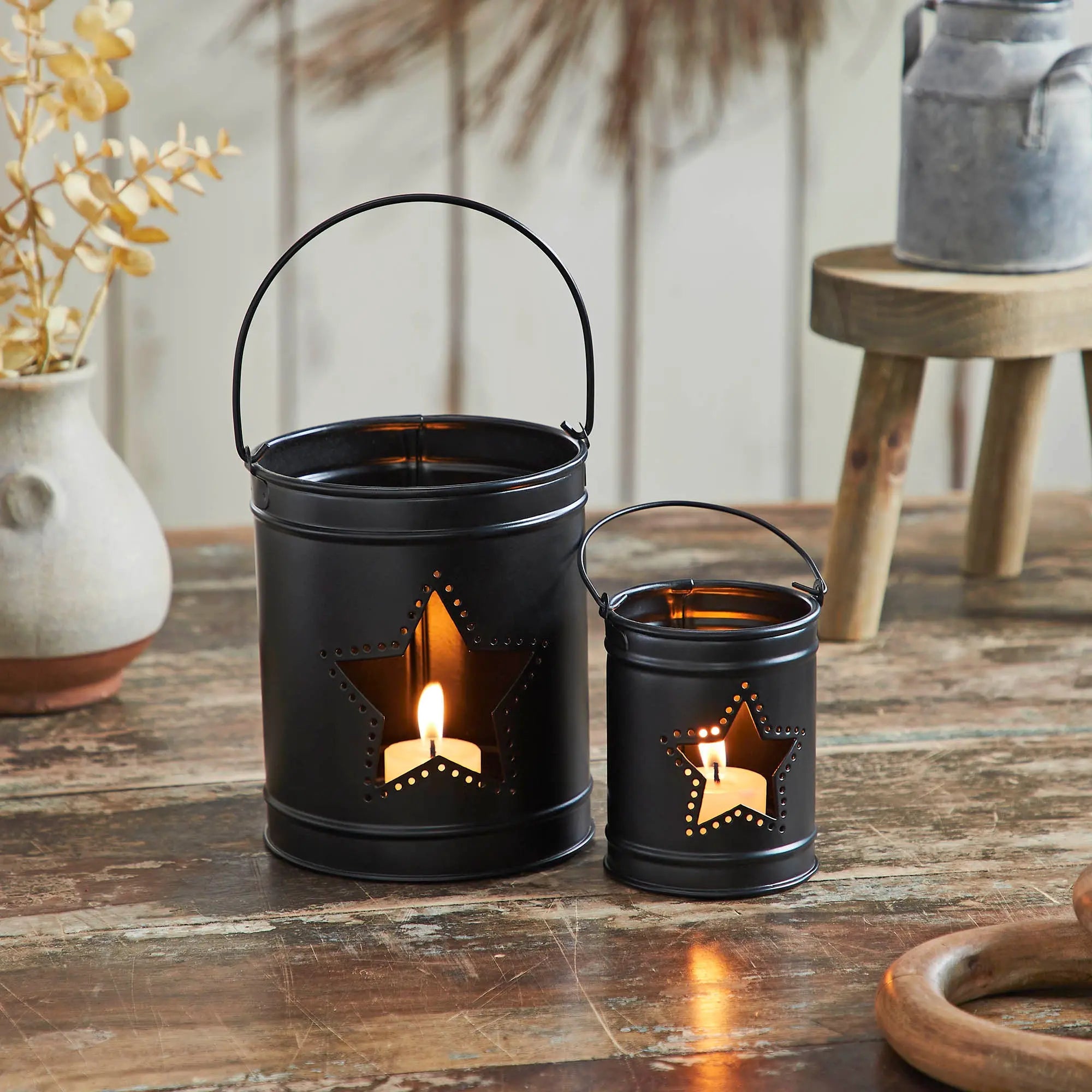 Patriotic Star Black Metal Votive Candle Holder Set of 2