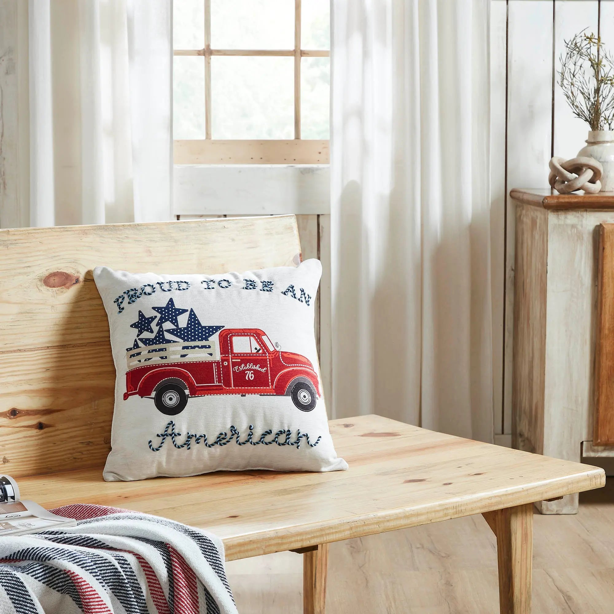 Proud To Be an American Blue Stars on Red Truck Pillow
