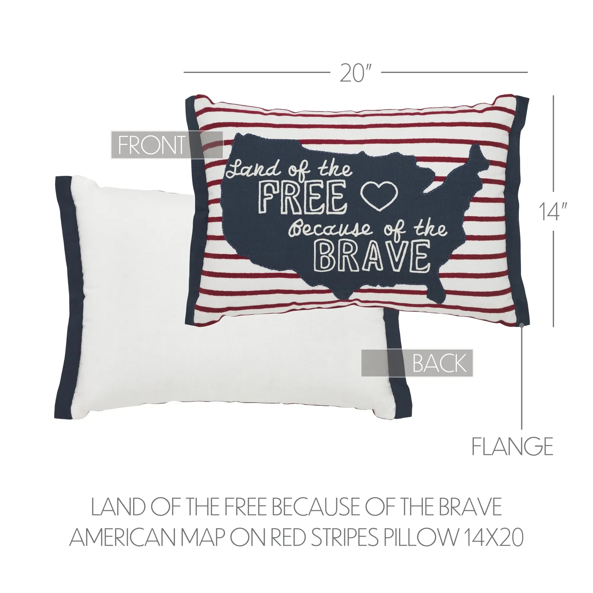 Pillow with American map design and text 'Land of the Free Because of the Brave' on red stripes.