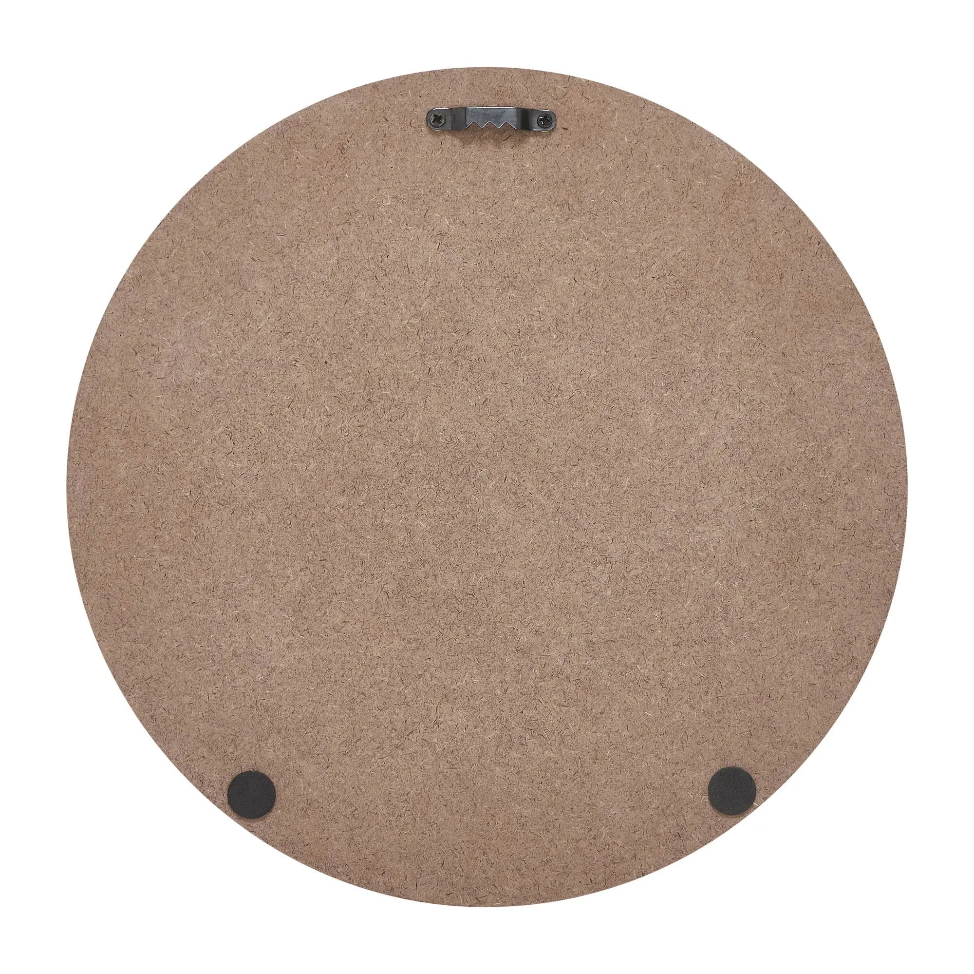 Round cork board with a metal frame on a white background