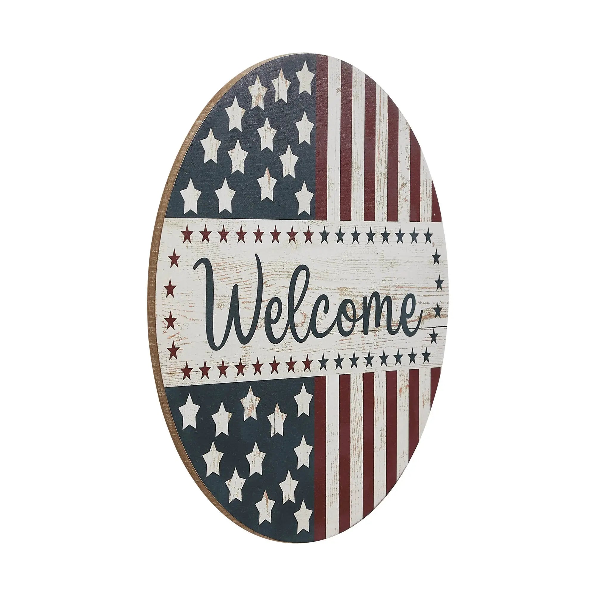 Oval-shaped sign with American flag pattern and 'Welcome' text on a white background