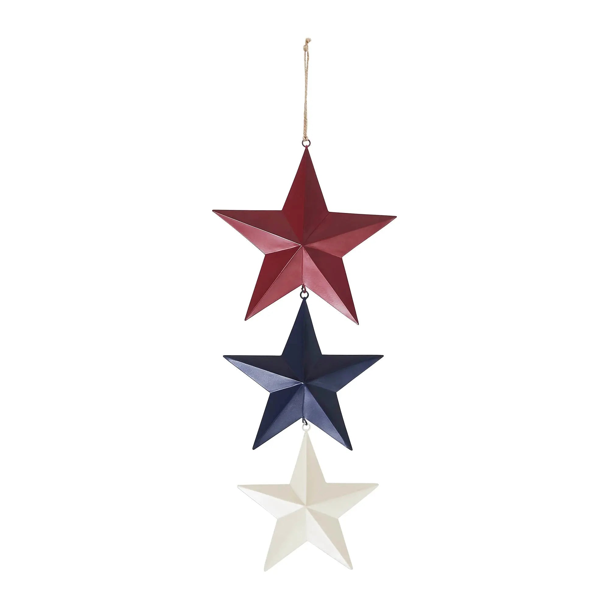 Three star-shaped decorations in red, blue, and white on a white background