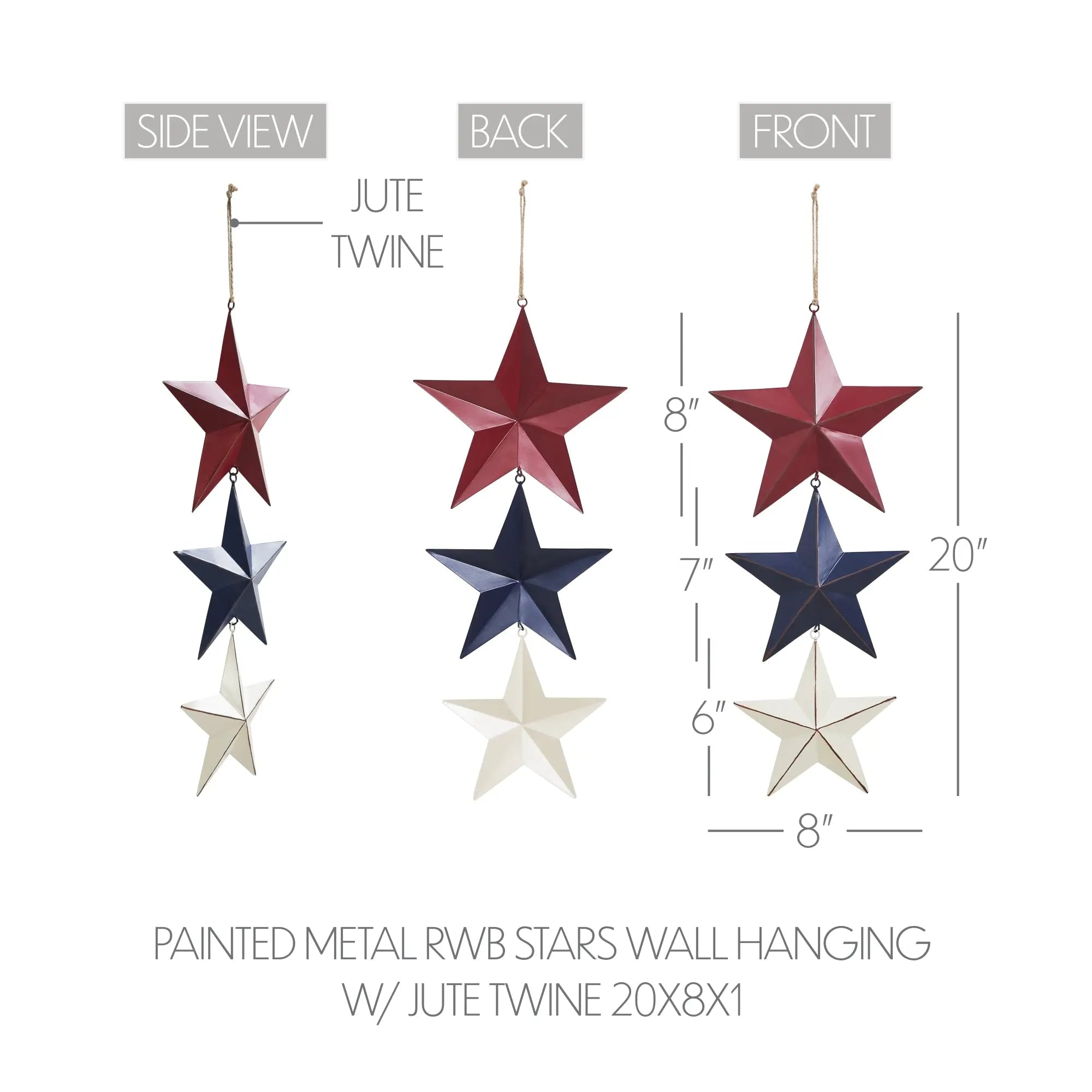 Painted metal stars wall hanging with jute twine, showing side view, back, and front views.