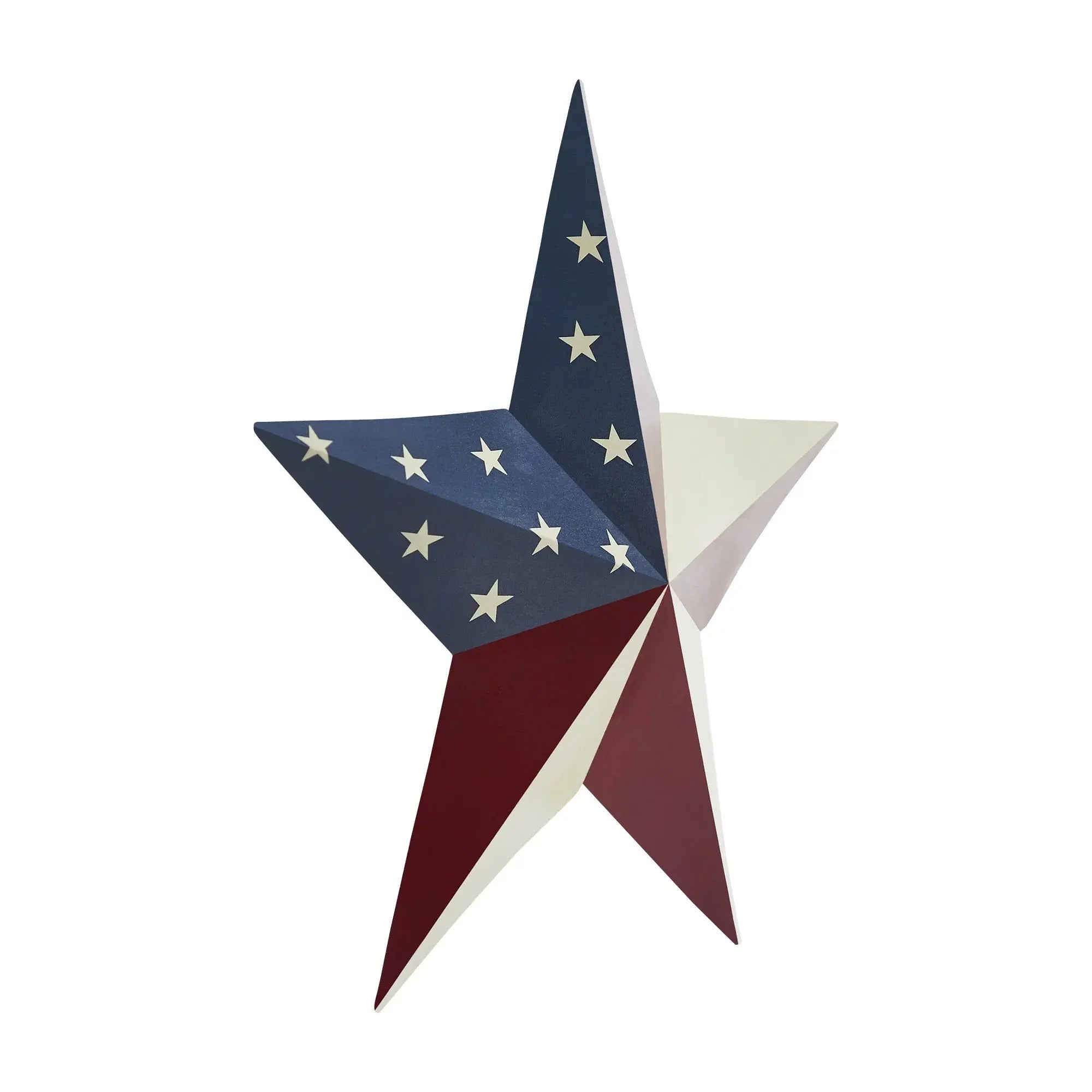 Patriotic wooden star wall decor with red, white, and blue stripes and stars, farmhouse style