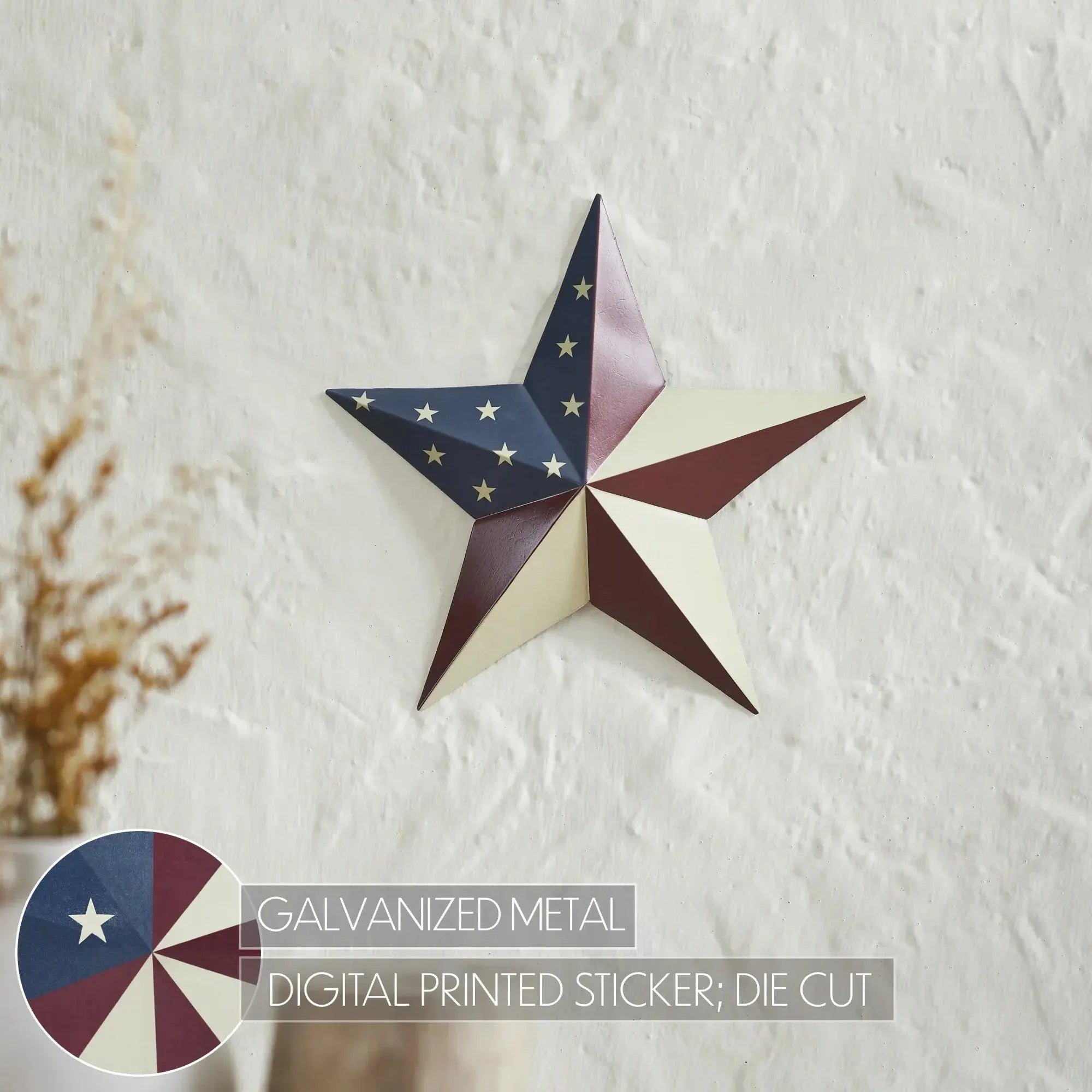 Galvanized metal star wall decor with patriotic red, white, and blue design for farmhouse style homes