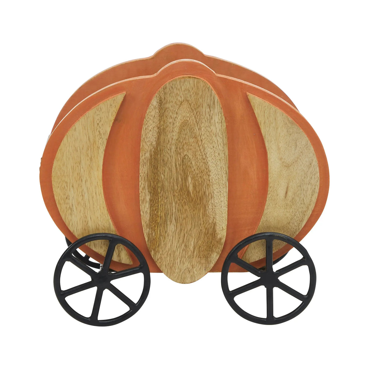 A decorative pumpkin-shaped wooden serving board with carved wood panels and two black wheel accents, shown on a plain white background.