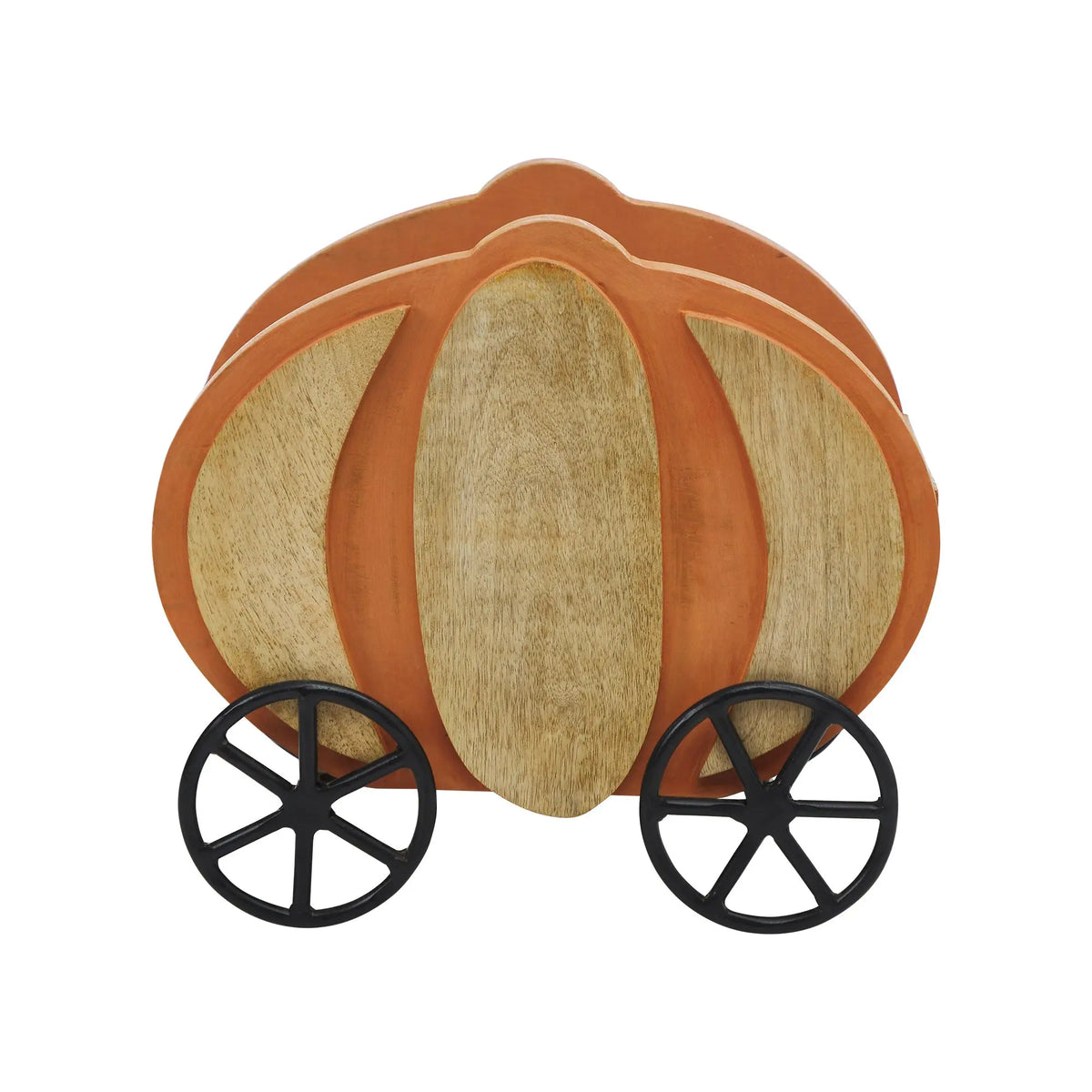 A decorative pumpkin-shaped serving board or tray with a natural wood grain center, orange-brown outer border, and two black wheel accents, shown on a plain white background.