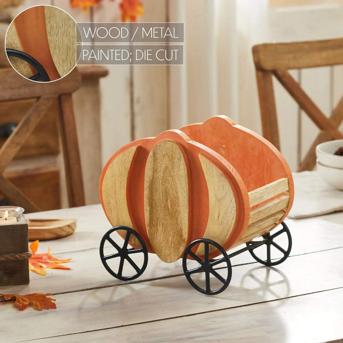 Wooden wagon decoration on a table with a blurred background
