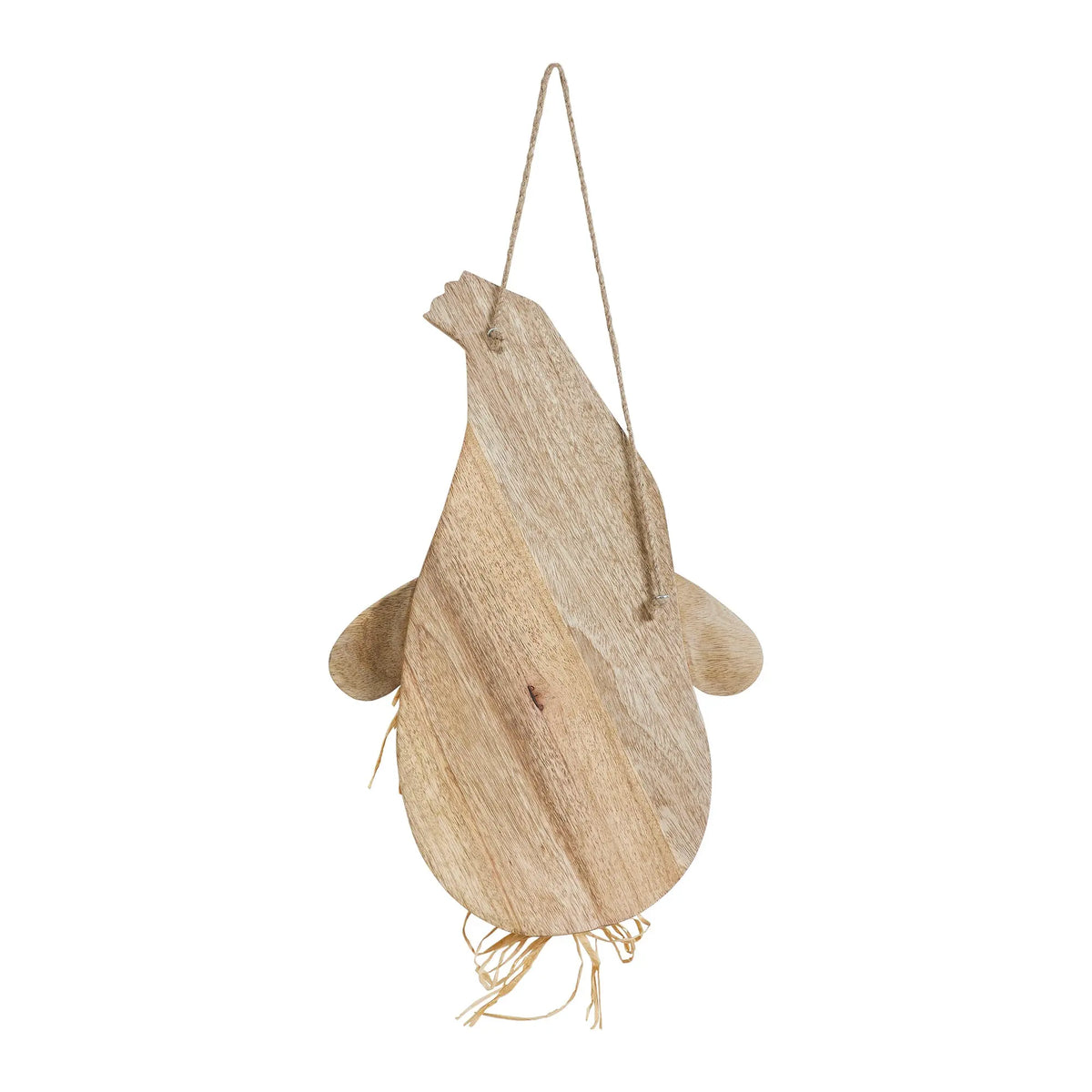 A rustic wooden hanging ornament shaped like a stylized bird, made from natural light-colored wood with a hanging string and small feather-like fringe at the bottom, shown against a plain white background.