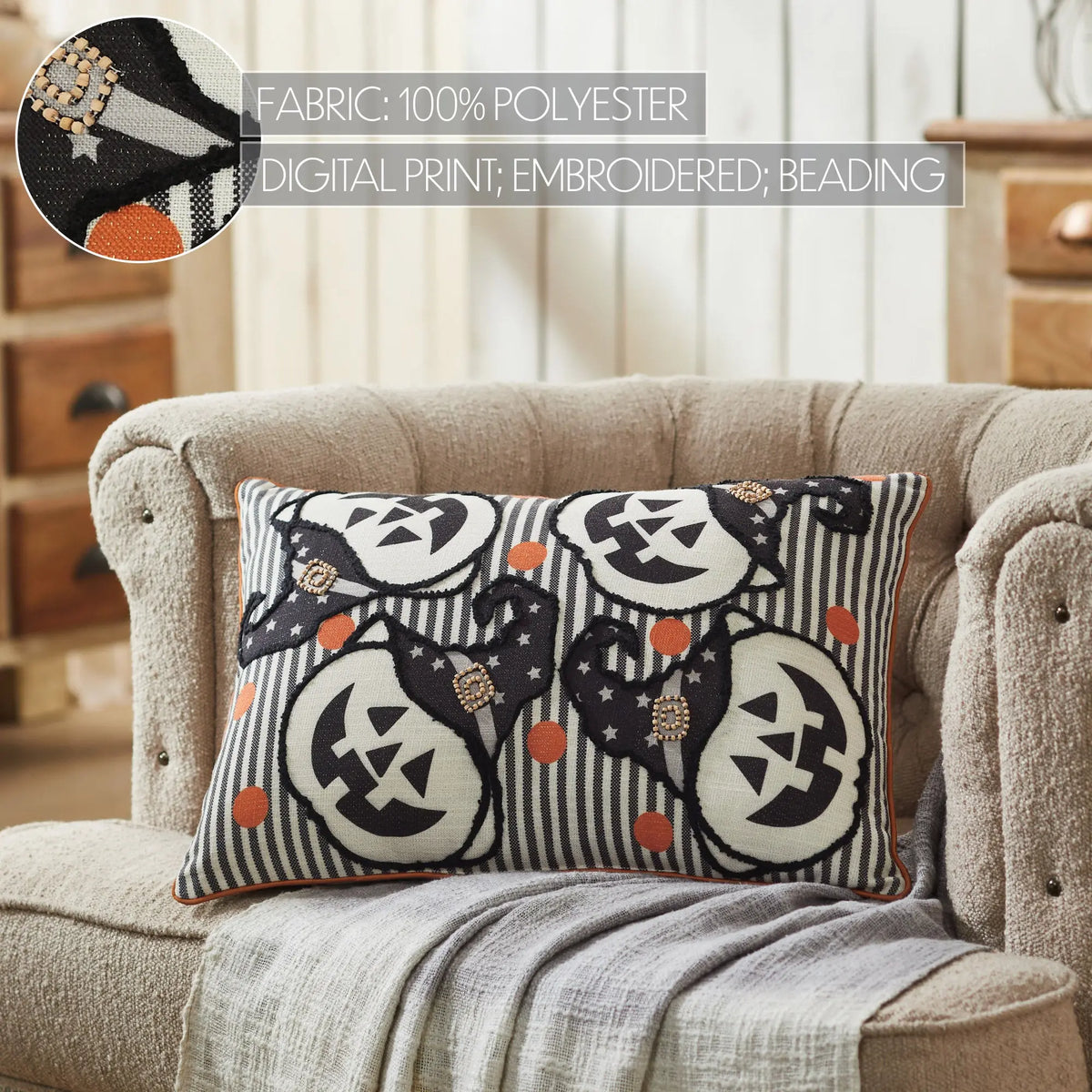 Witchy Pumpkins Halloween Throw Pillow – Black Stripe 14x20