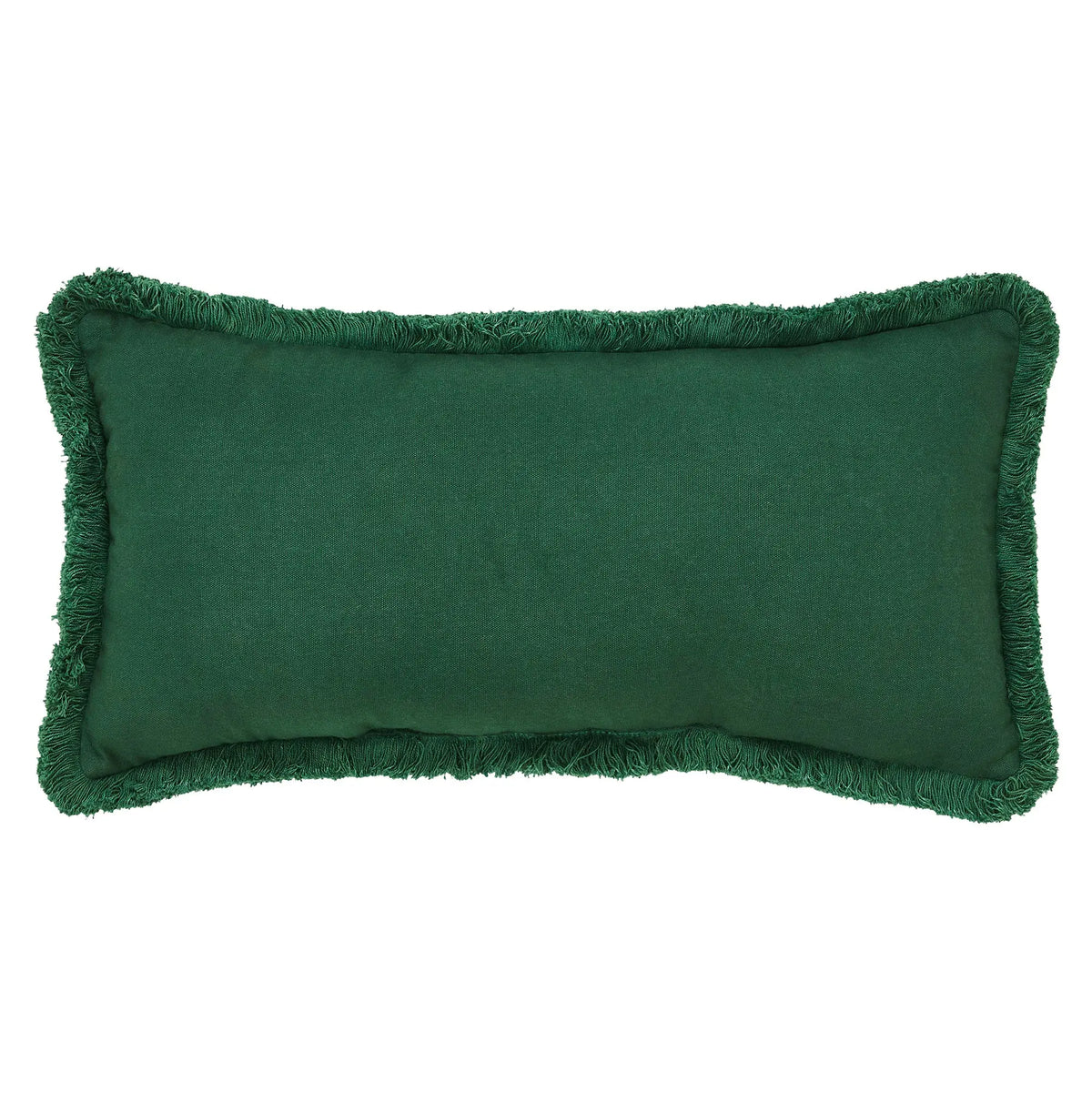 A rectangular green lumbar throw pillow with a fringed border, shown against a plain white background.
