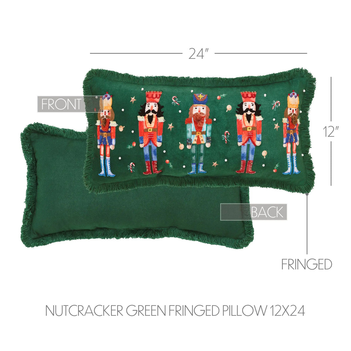 Nutcracker green fringed throw pillow shown from front and back on a white background, with dimension labels indicating 24 by 12 inches and text reading 'NUTCRACKER GREEN FRINGED PILLOW 12X24'.