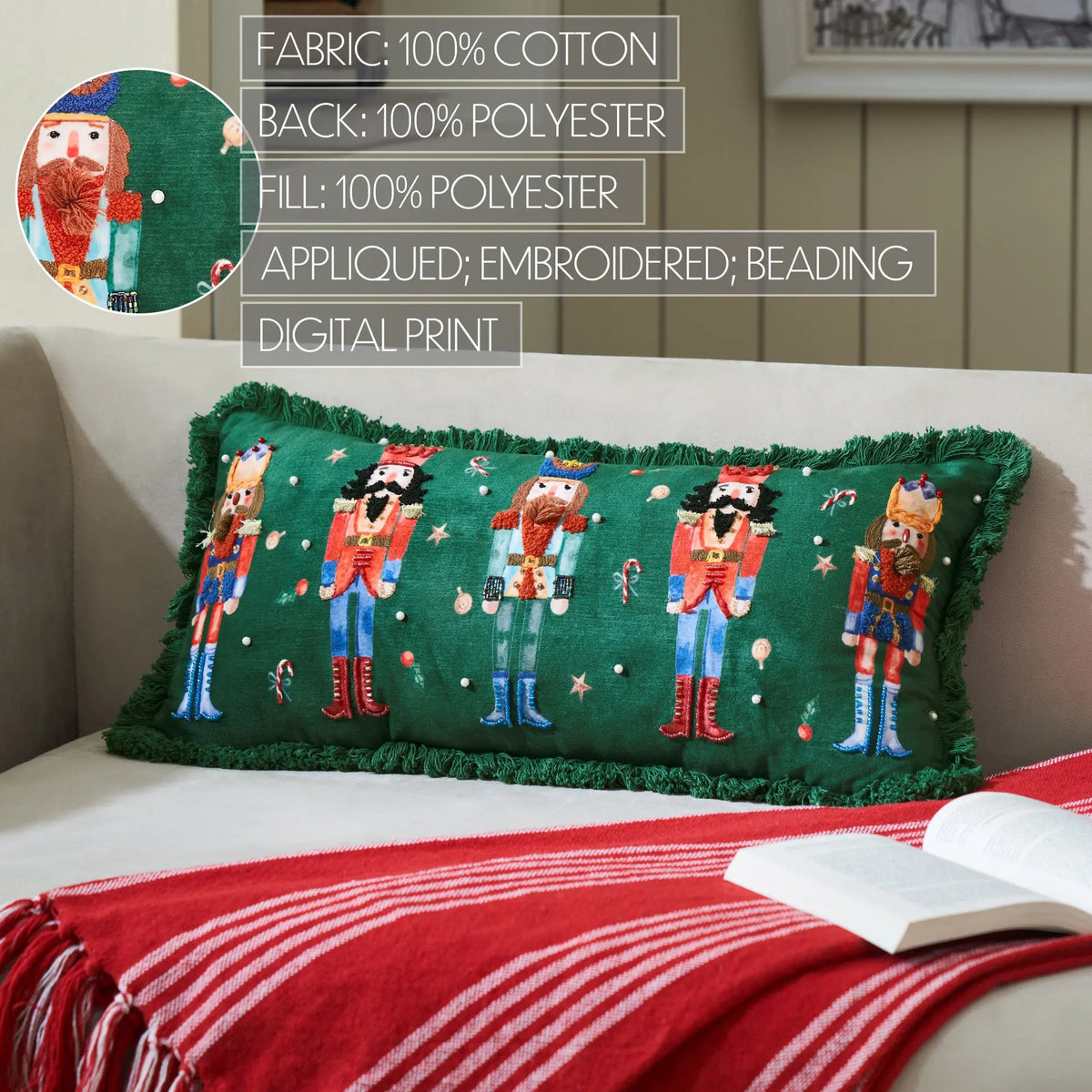 A rectangular Christmas-themed throw pillow with a green background and four colorful nutcracker figures, styled on a beige sofa with a red striped blanket and an open book. A circular inset and text overlays show fabric and material details.