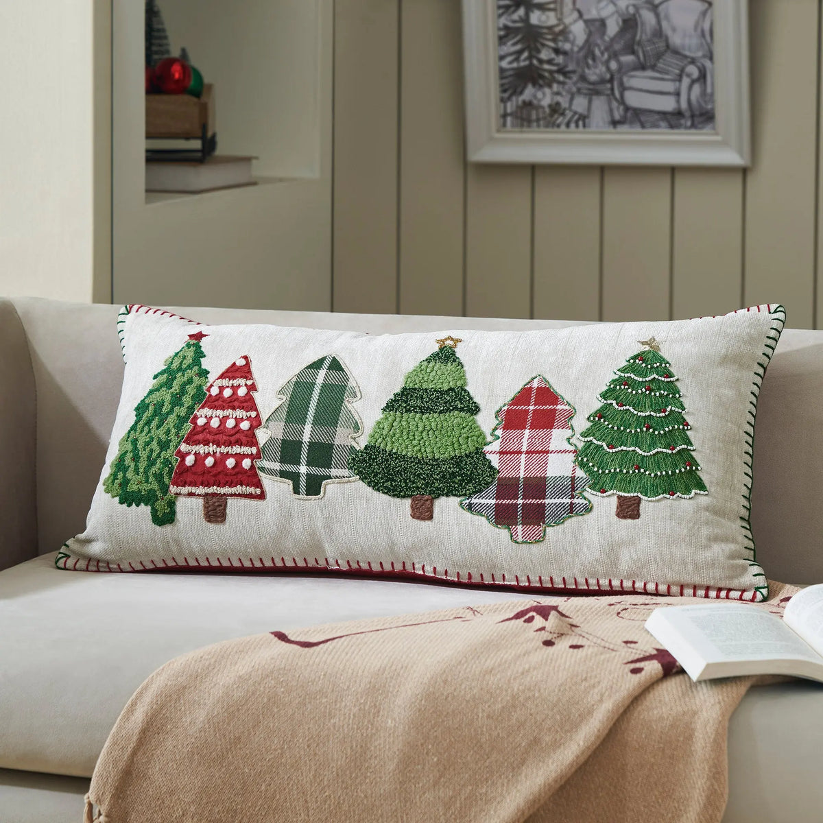 Red and Green Applique Tree Pillow with Embroidery 14x30
