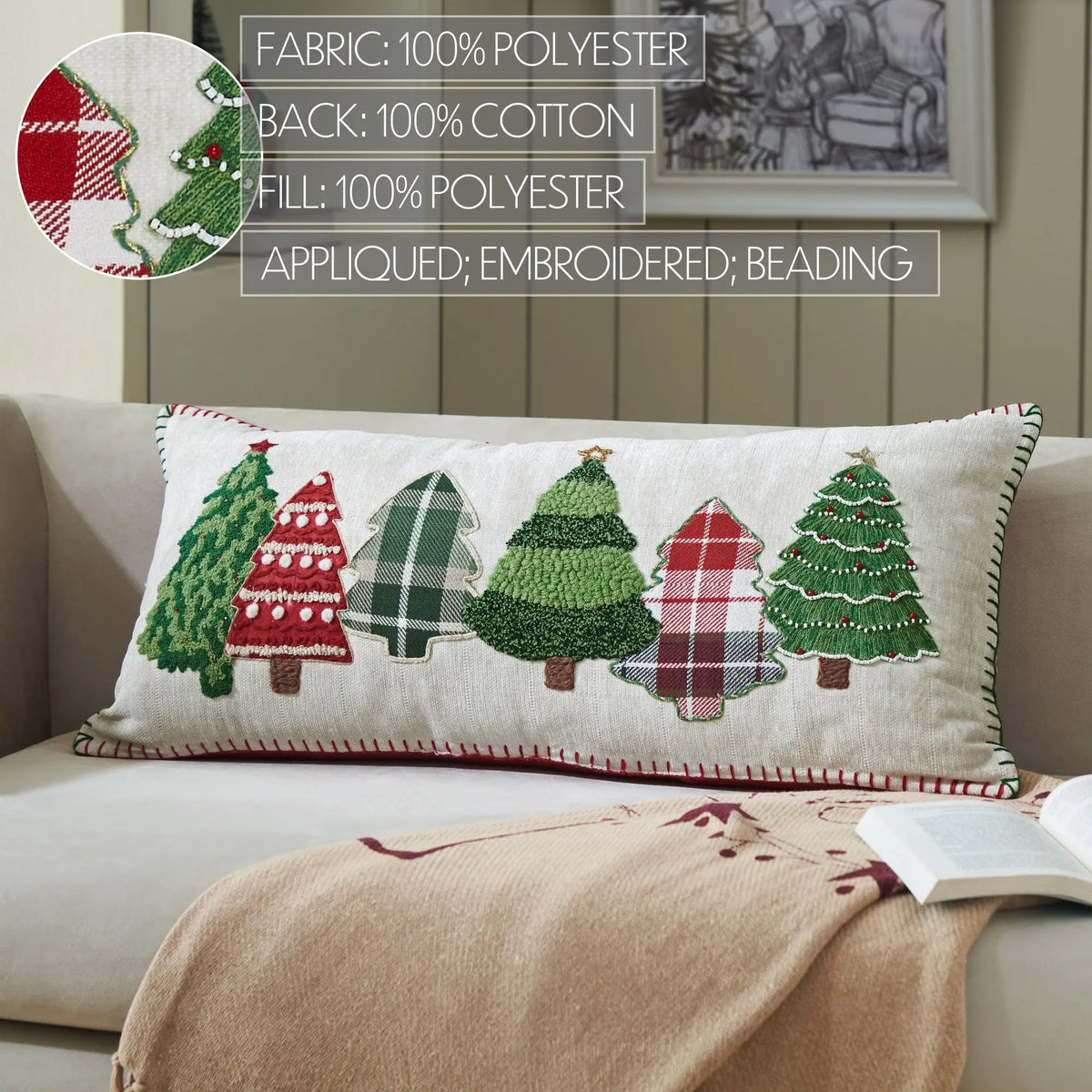 Red and Green Applique Tree Pillow with Embroidery 14x30