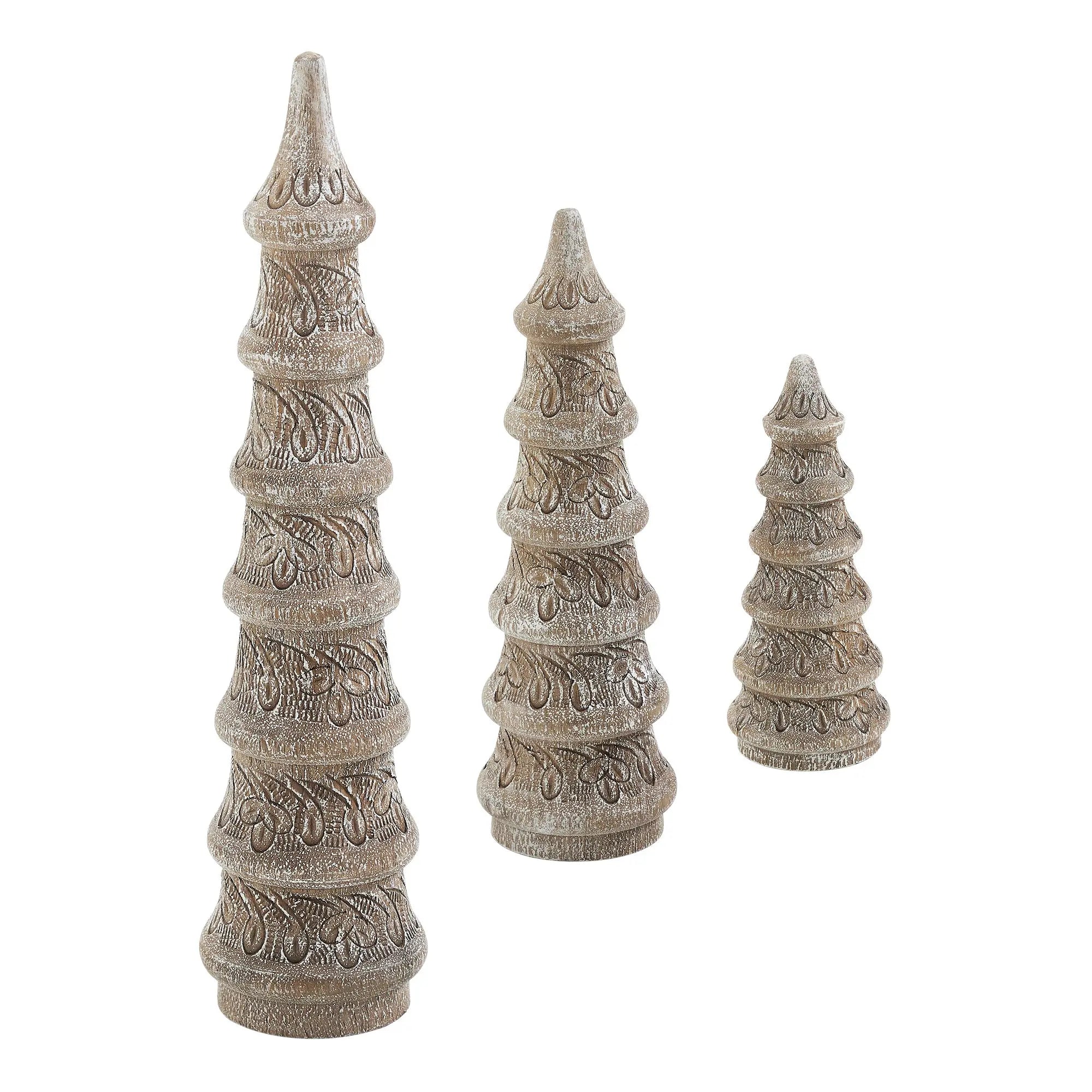 Hand Turned Wooden Christmas Trees Set of 3 – Distressed White