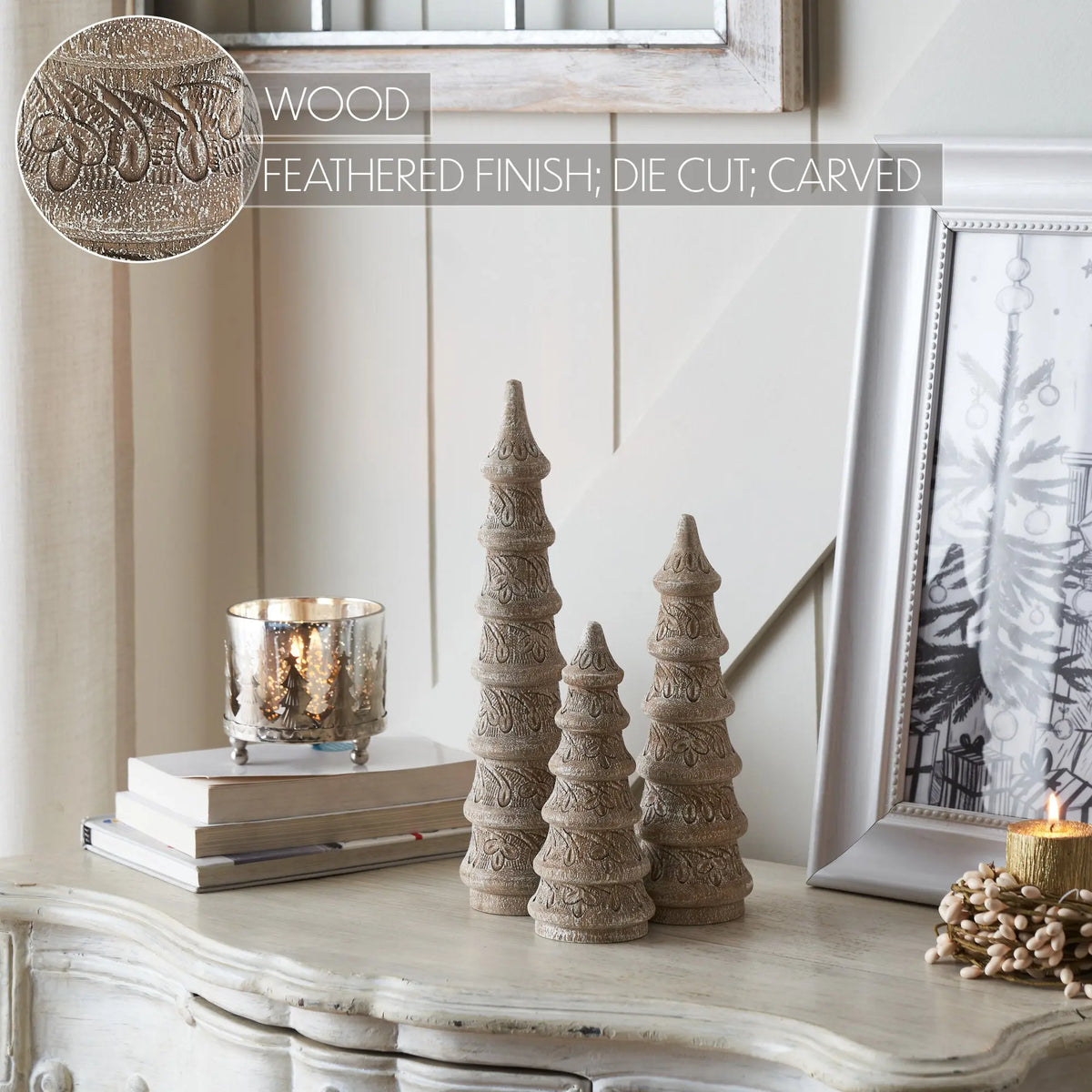 Hand Turned Wooden Christmas Trees Set of 3 – Distressed White