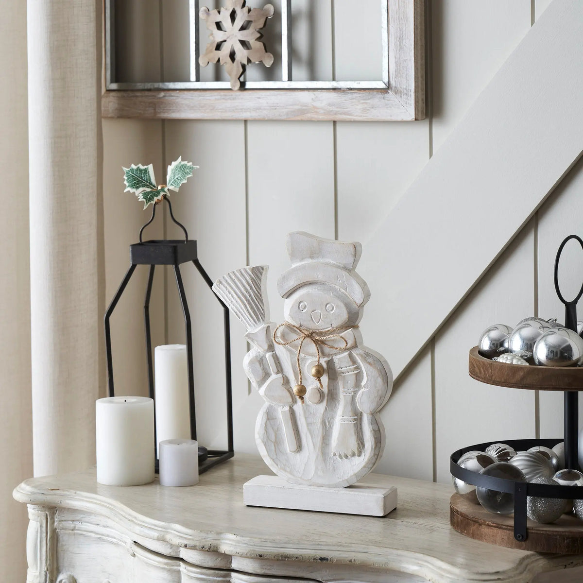 Blizzard Bliss Distressed White Wooden Snowman – 13 Inch