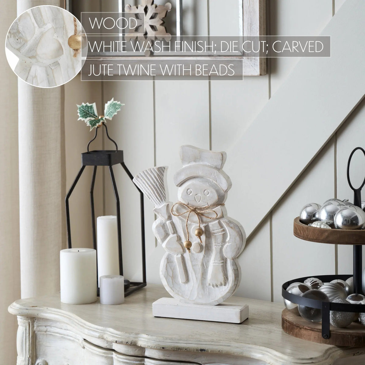 Blizzard Bliss Distressed White Wooden Snowman – 13 Inch