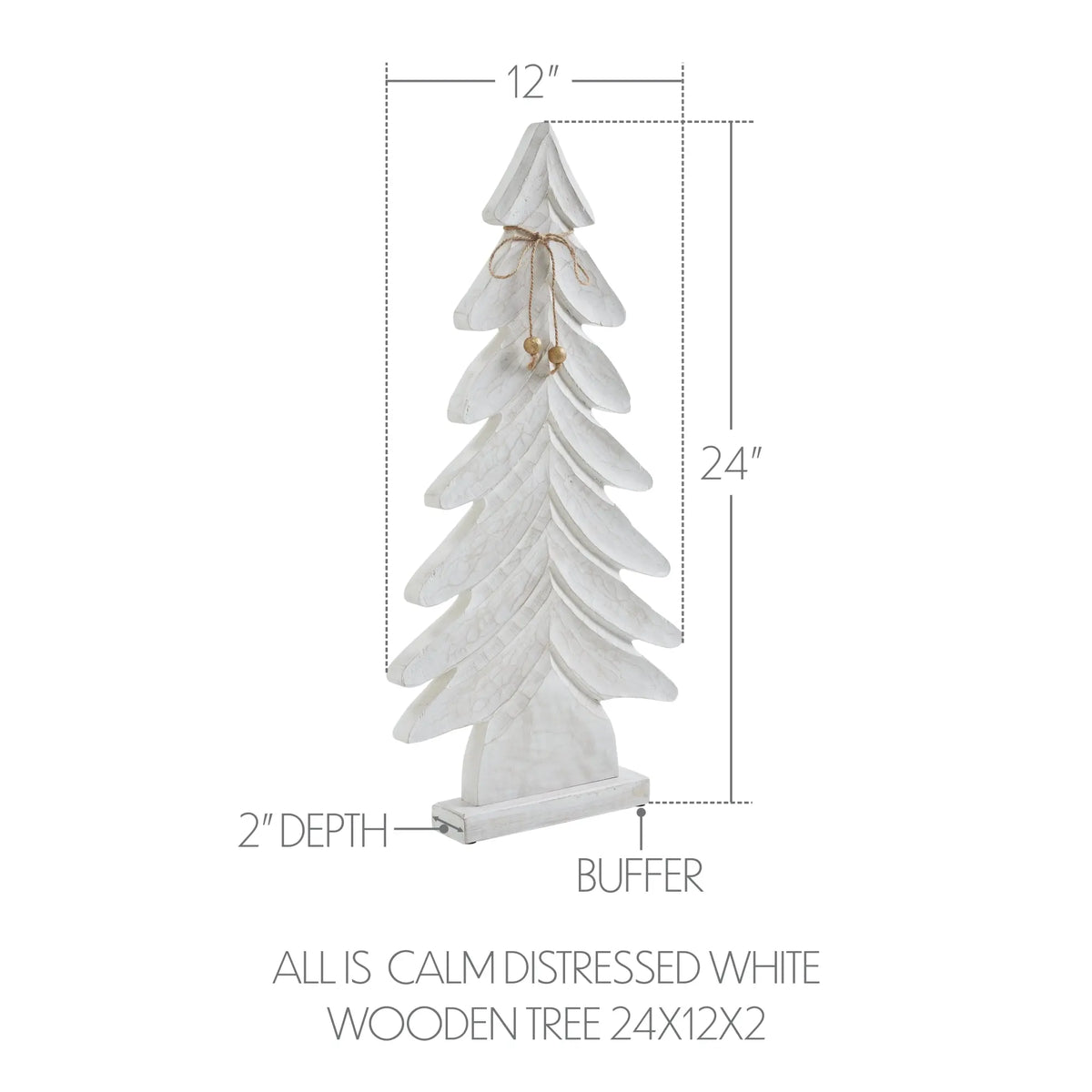 A white distressed wooden Christmas tree decoration with dimension labels showing 12 inches wide at the top, 24 inches tall, and 2 inches deep, on a white background with text reading 'ALL IS CALM DISTRESSED WHITE WOODEN TREE 24X12X2'.