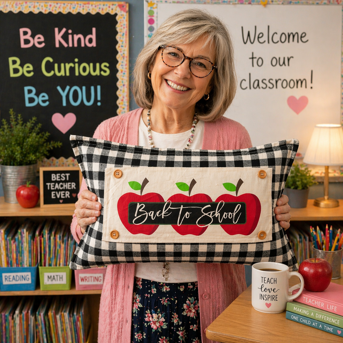 Teacher holding a 'Back to School' pillow in a classroom setting