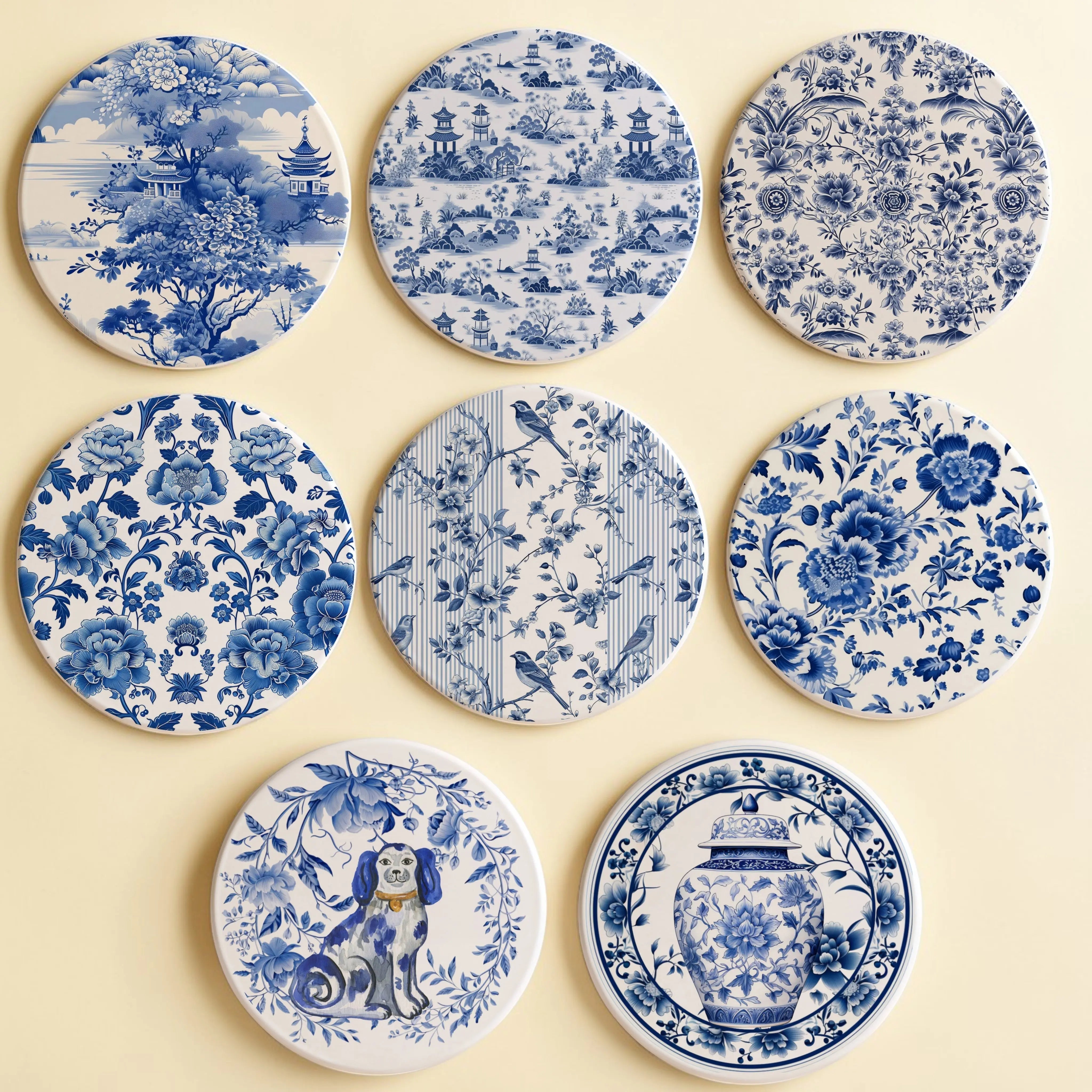 Set of blue and white decorative coasters with various patterns on a beige background