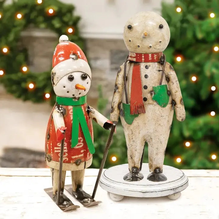 Recycled Metal Skiing Stuart Snowman Figurine – 12"
